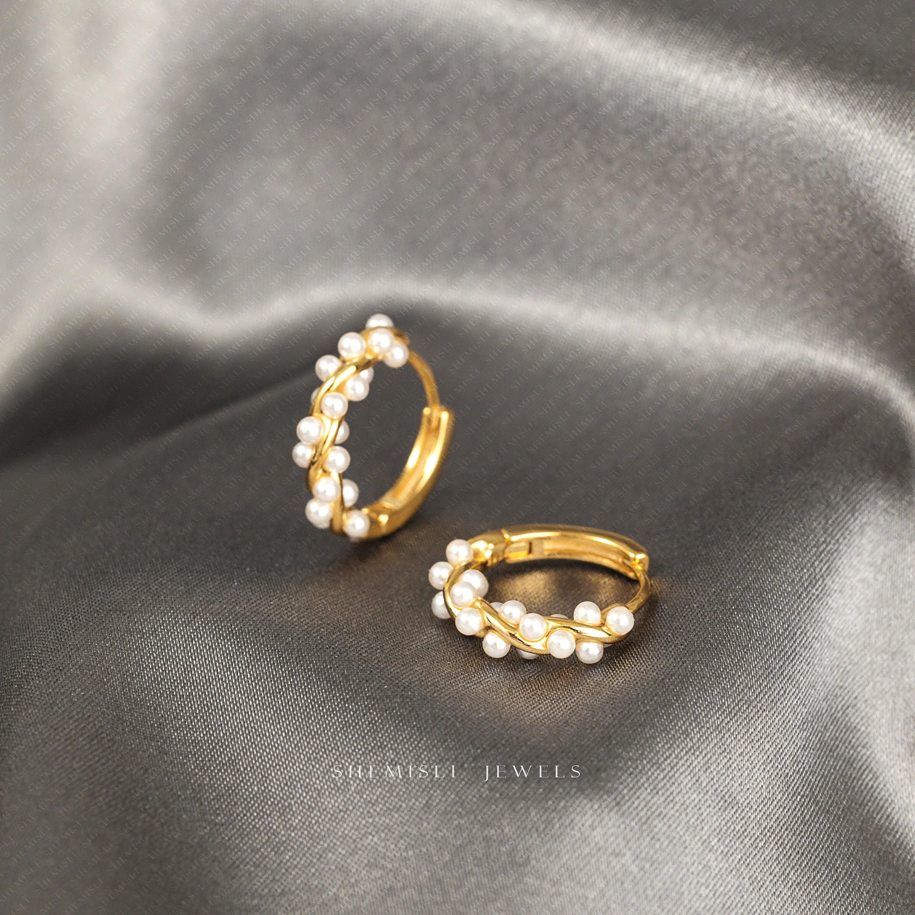 Pearl Wreath Hoop Earrings, Huggies, Gold, Silver SHEMISLI - SH281