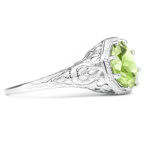 PERIDOT STERLING SILVER VINTAGE STYLE SOLITAIRE RING ART DECO FILIGREE GREEN GEM