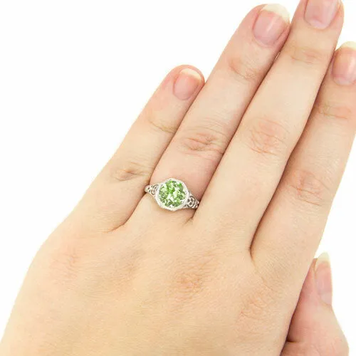 PERIDOT STERLING SILVER VINTAGE STYLE SOLITAIRE RING ART DECO FILIGREE GREEN GEM