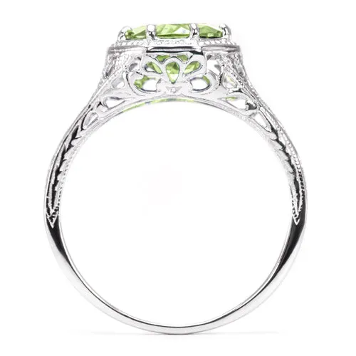 PERIDOT STERLING SILVER VINTAGE STYLE SOLITAIRE RING ART DECO FILIGREE GREEN GEM