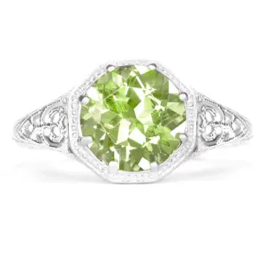 PERIDOT STERLING SILVER VINTAGE STYLE SOLITAIRE RING ART DECO FILIGREE GREEN GEM