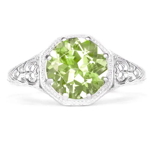 PERIDOT STERLING SILVER VINTAGE STYLE SOLITAIRE RING ART DECO FILIGREE GREEN GEM