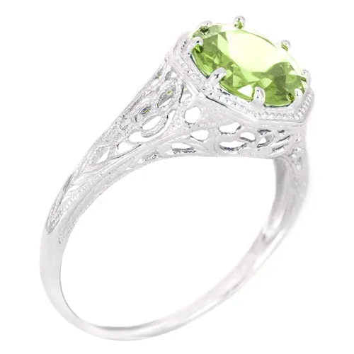 PERIDOT STERLING SILVER VINTAGE STYLE SOLITAIRE RING ART DECO FILIGREE GREEN GEM