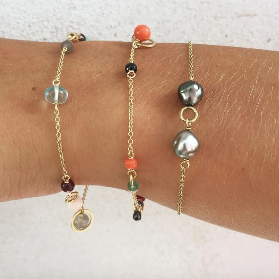 Piccolo Silver Bracelet w. Aquamarine, Coral, Pearl, Garnet, Moonstone, Chalcedony & Ruby
