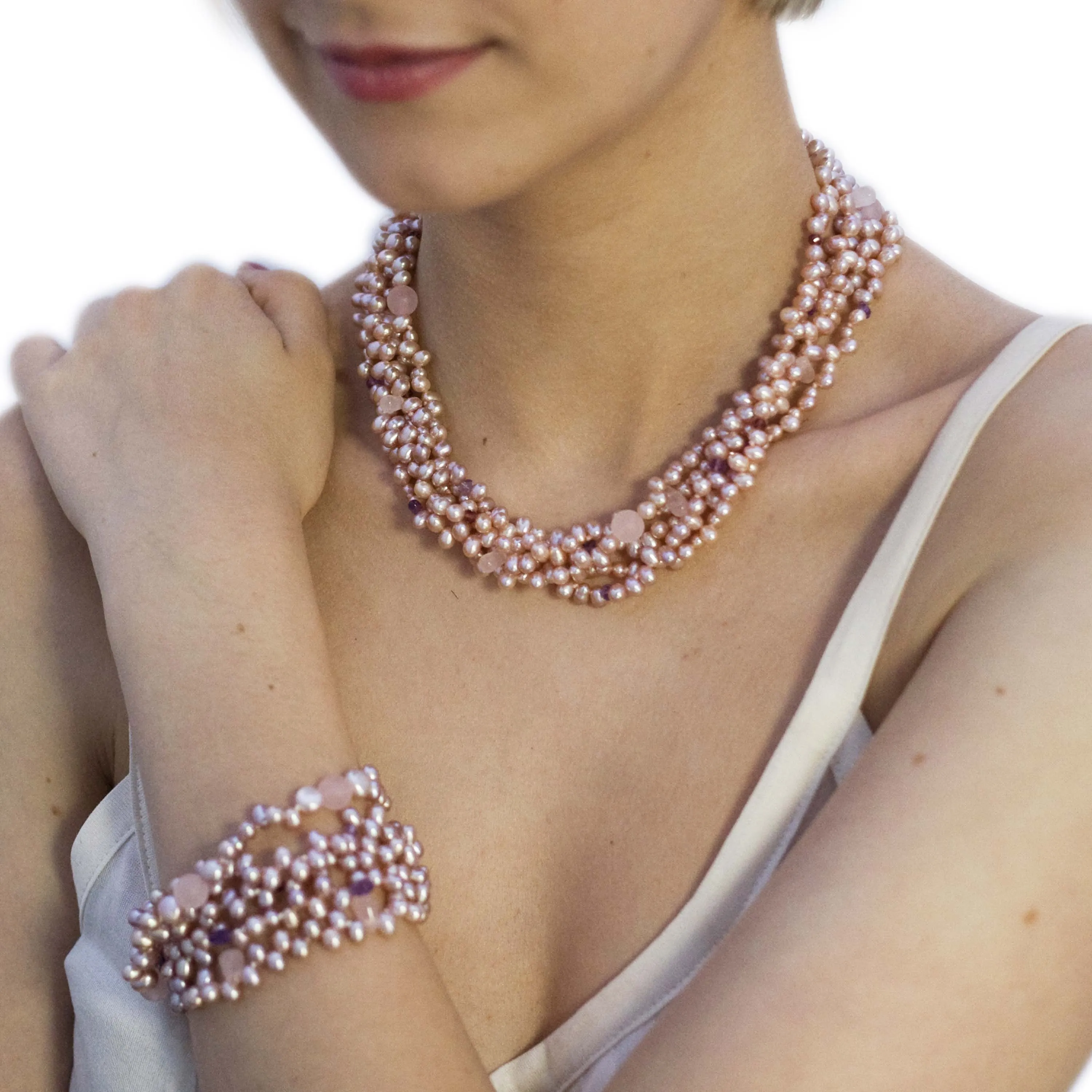 Pink Freshwater Pearl, Rose Quartz, Amethyst & Garnet Necklace