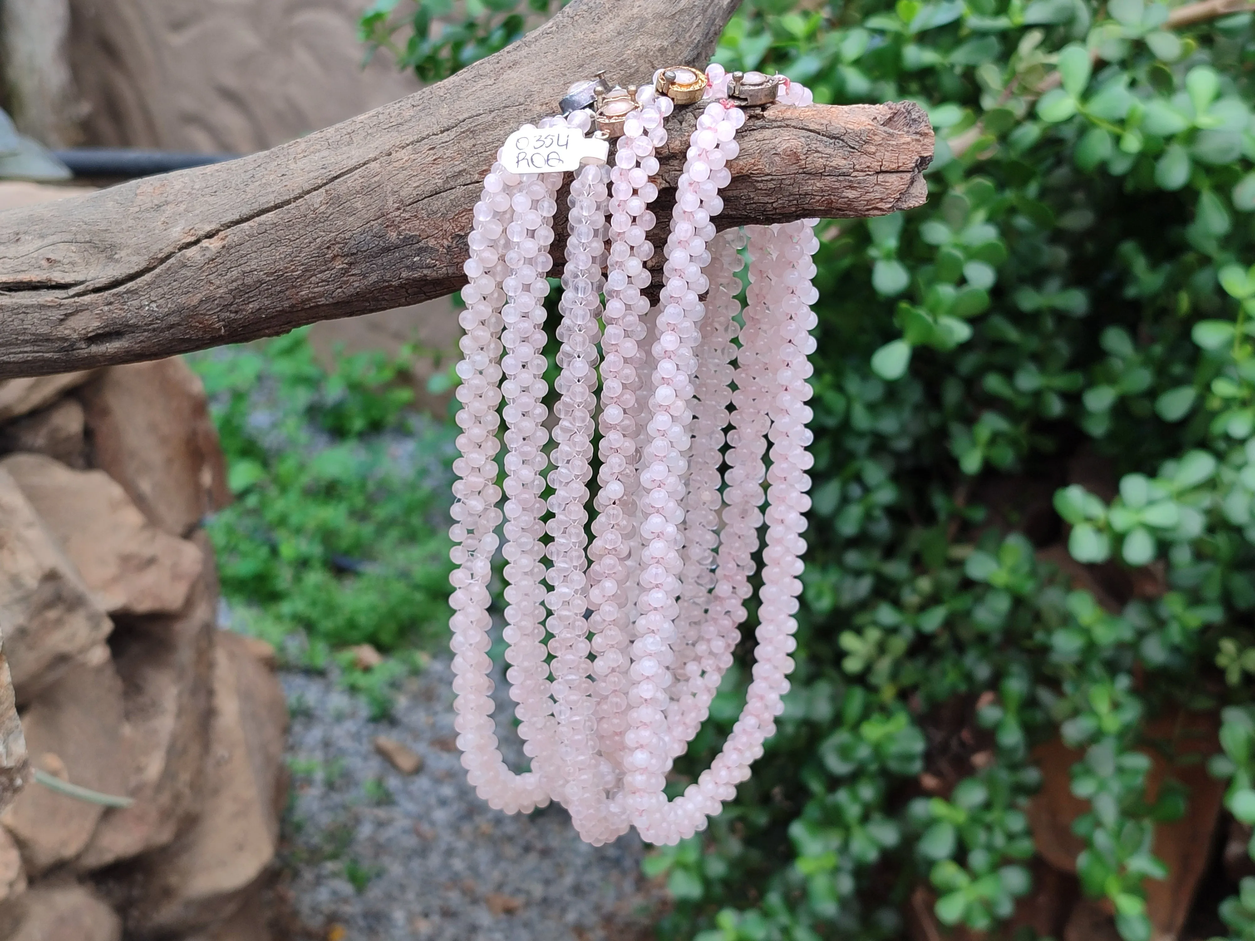 Polished Rose Quartz Multi Strand Bead Necklace with Cabochon Clasp - Sold Per Item - From Madagascar