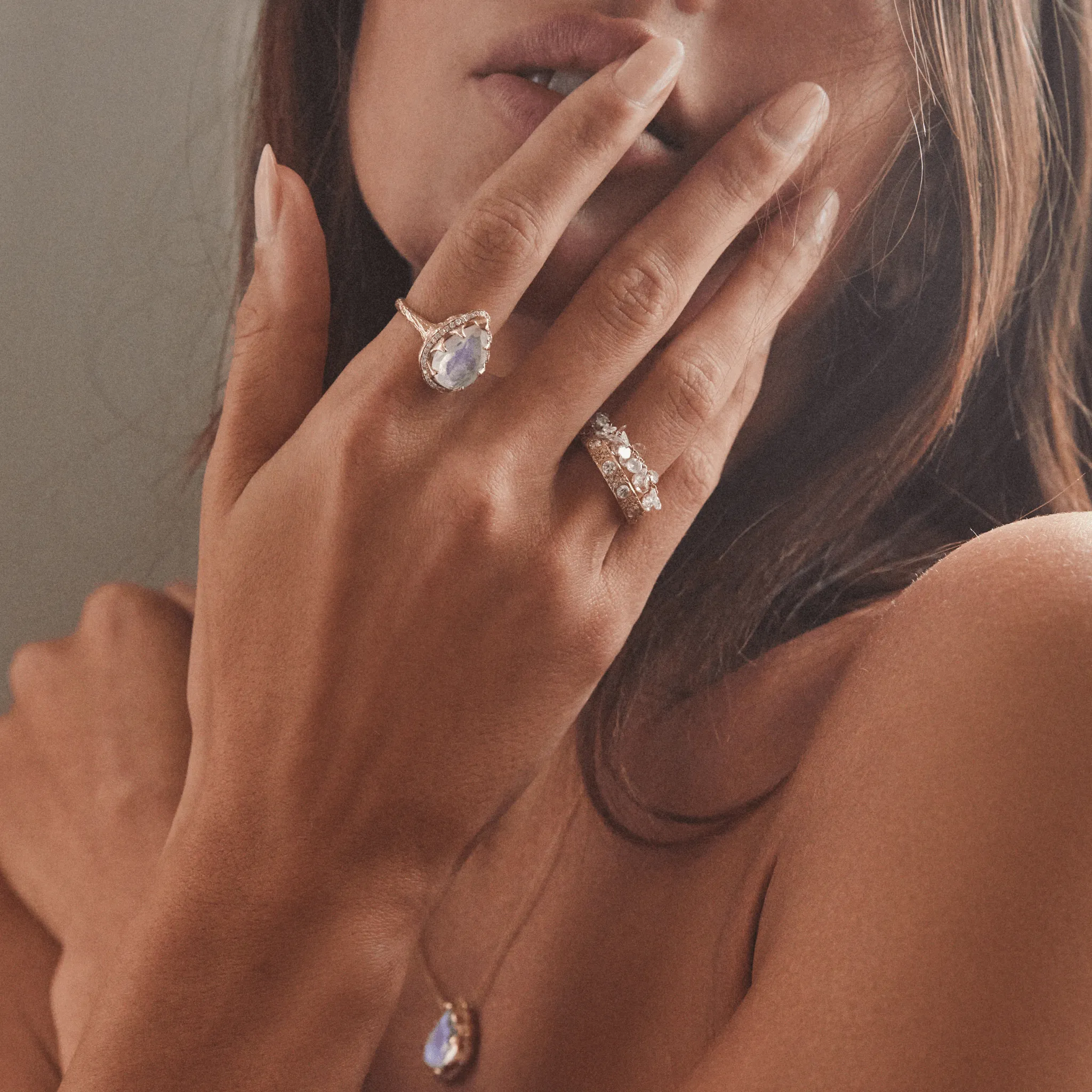 Queen Water Drop Moonstone Ring with Full Pavé Diamond Halo | Ready to Ship