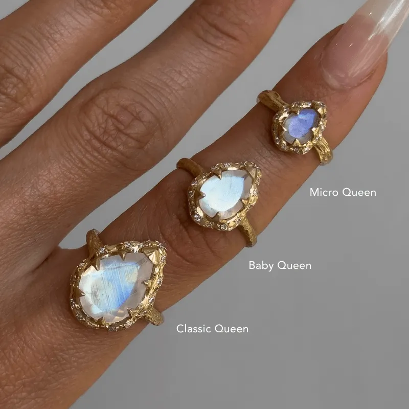 Queen Water Drop Moonstone Ring with Full Pavé Diamond Halo | Ready to Ship