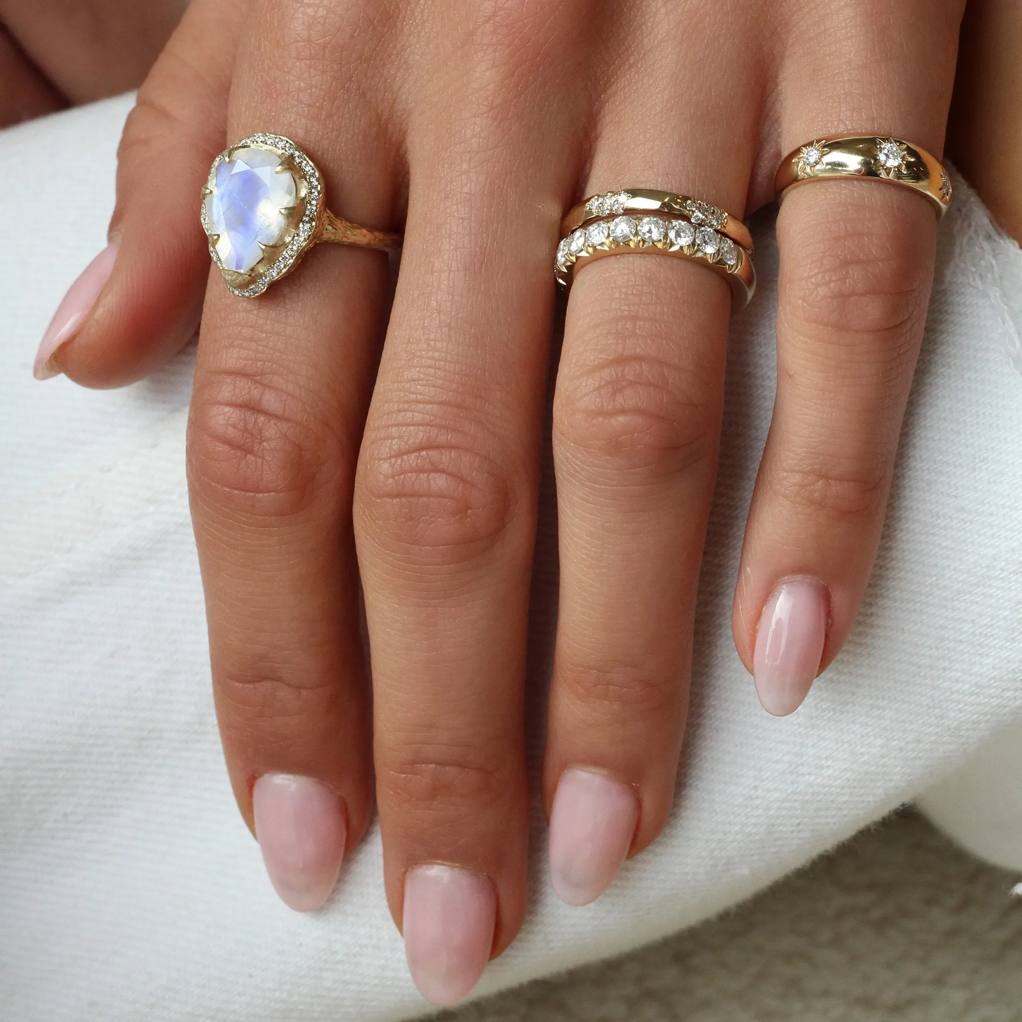 Queen Water Drop Moonstone Ring with Full Pavé Diamond Halo | Ready to Ship