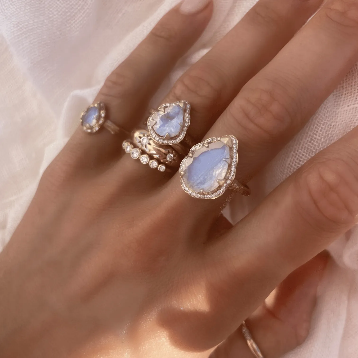 Queen Water Drop Moonstone Ring with Full Pavé Diamond Halo | Ready to Ship
