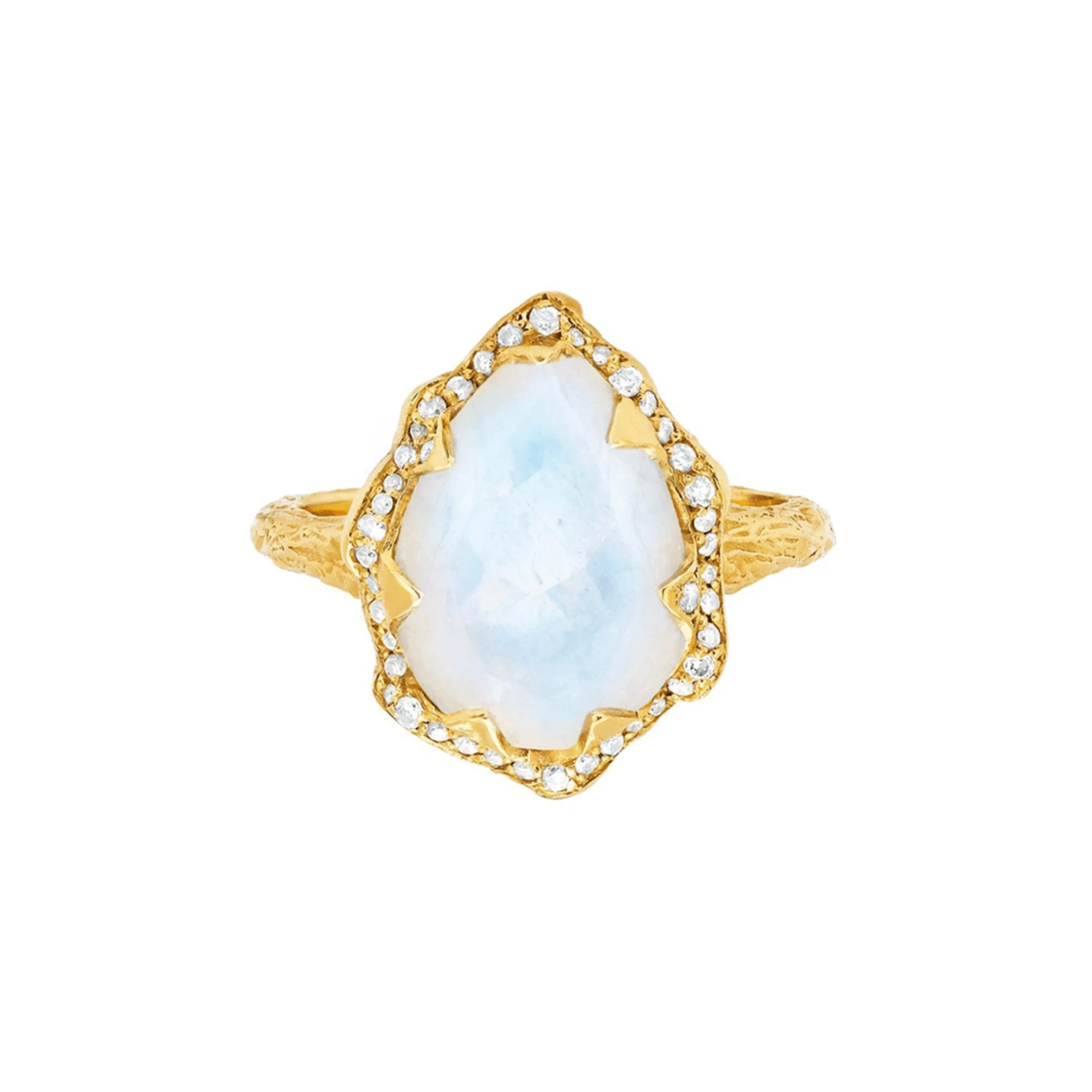 Queen Water Drop Moonstone Ring with Full Pavé Diamond Halo | Ready to Ship