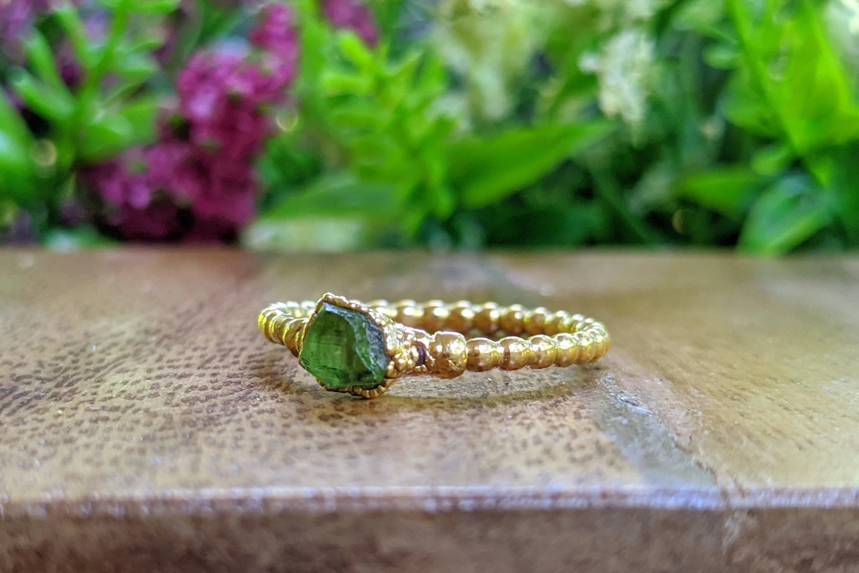 Raw Peridot beaded ring in Gold