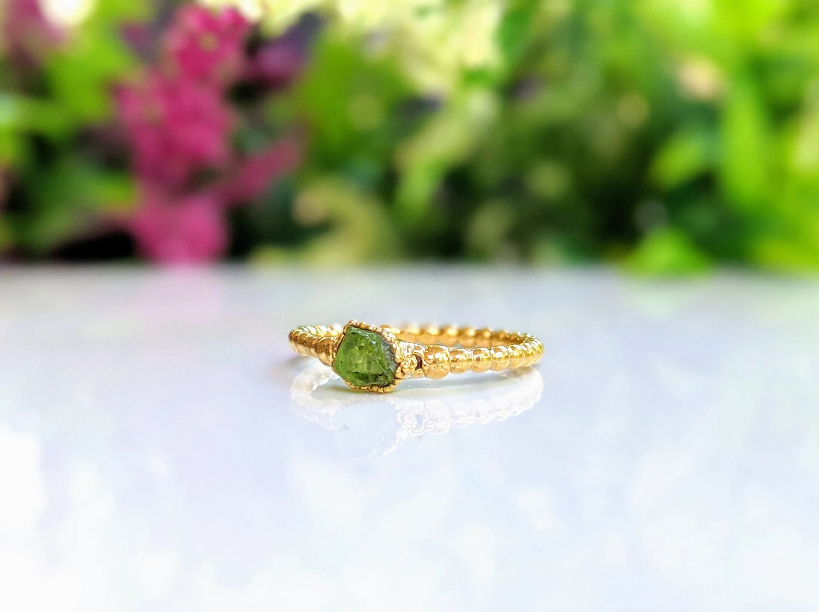 Raw Peridot beaded ring in Gold