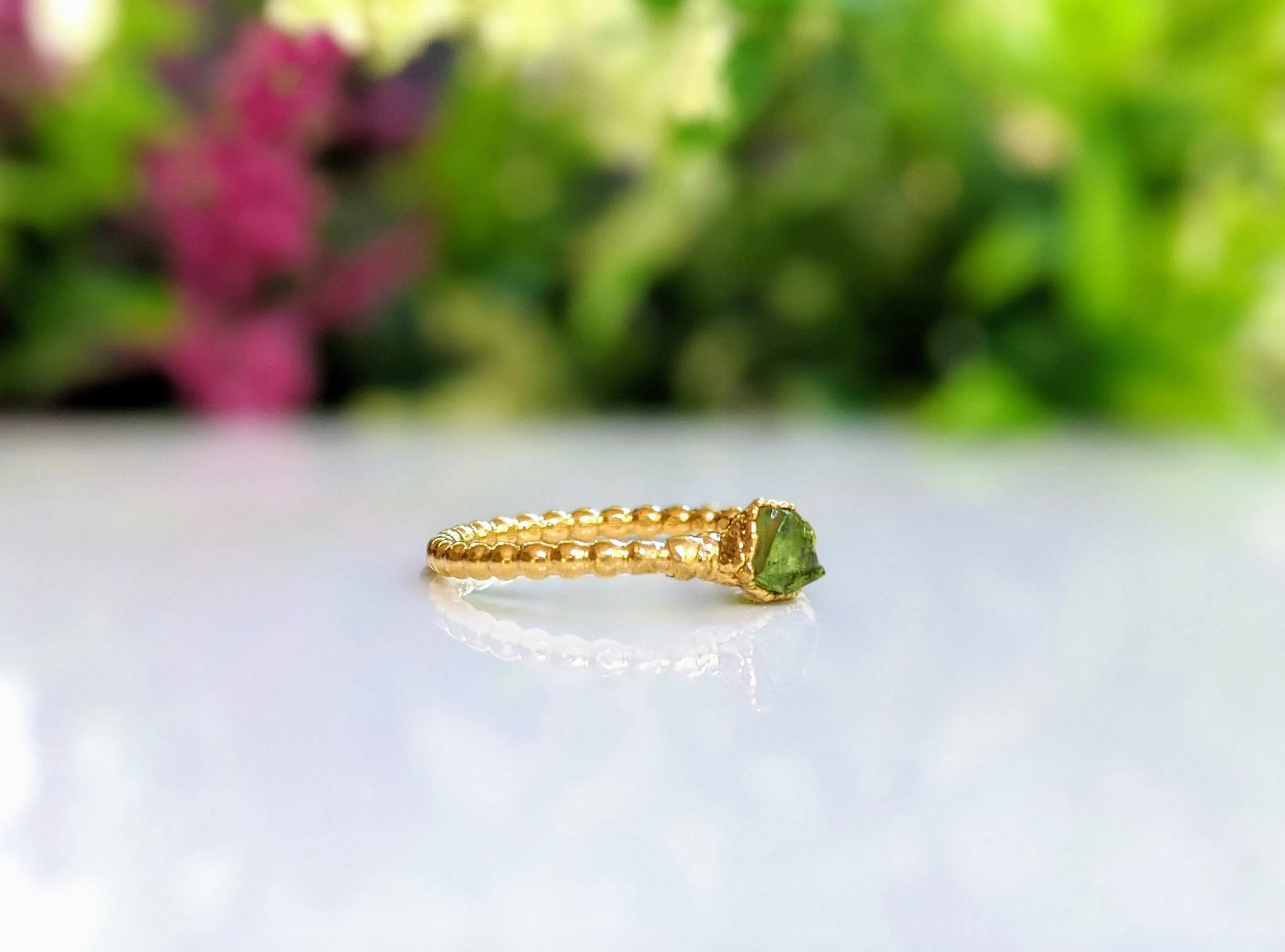 Raw Peridot beaded ring in Gold