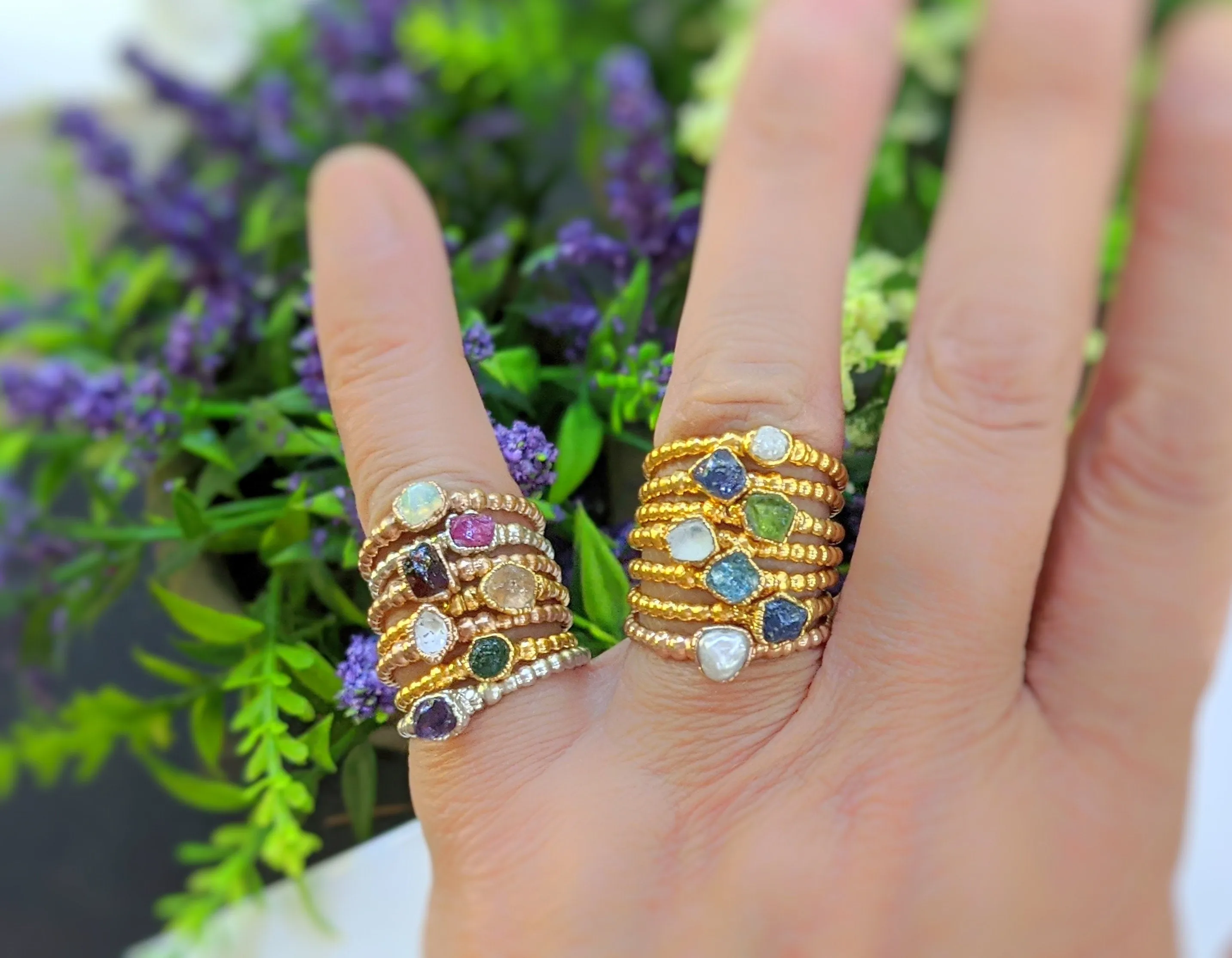 Raw Peridot beaded ring in Gold