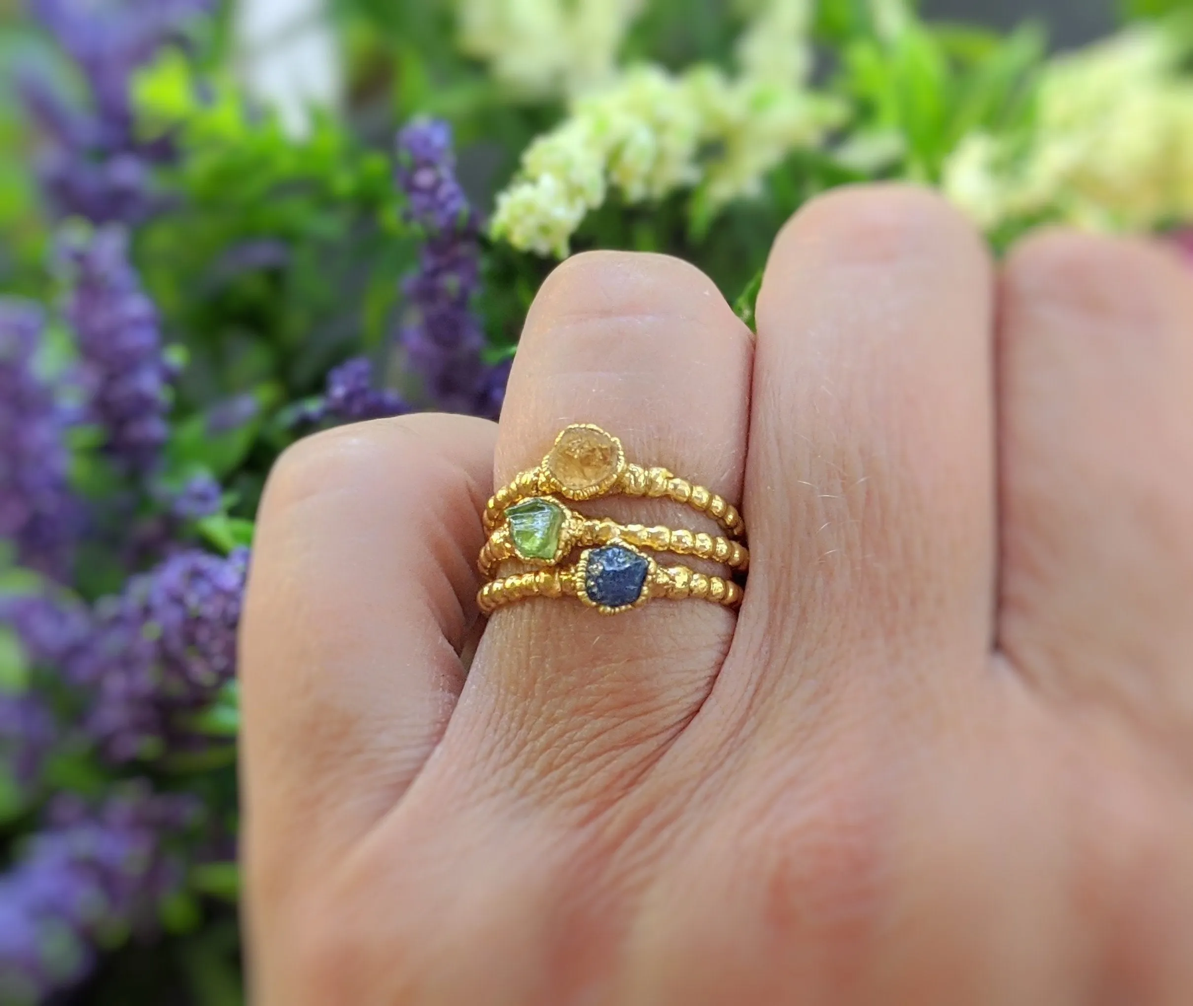 Raw Peridot beaded ring in Gold