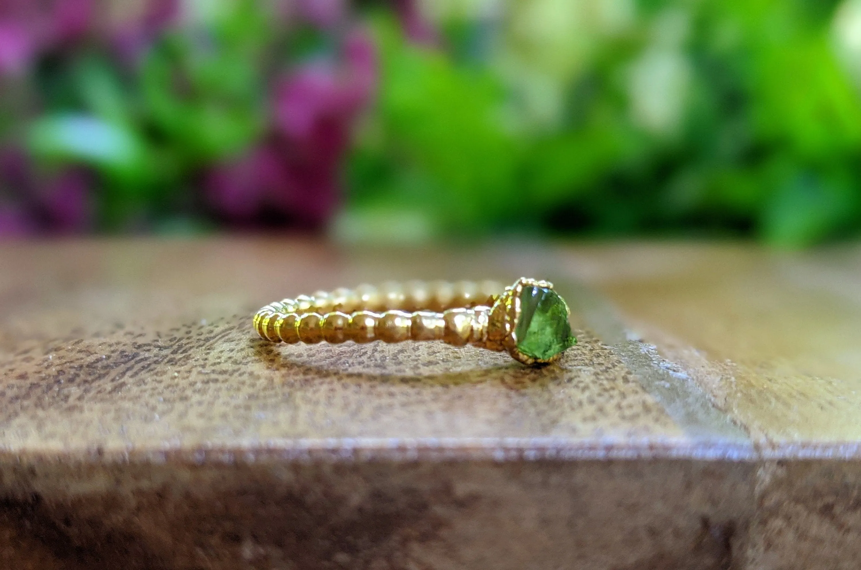 Raw Peridot beaded ring in Gold