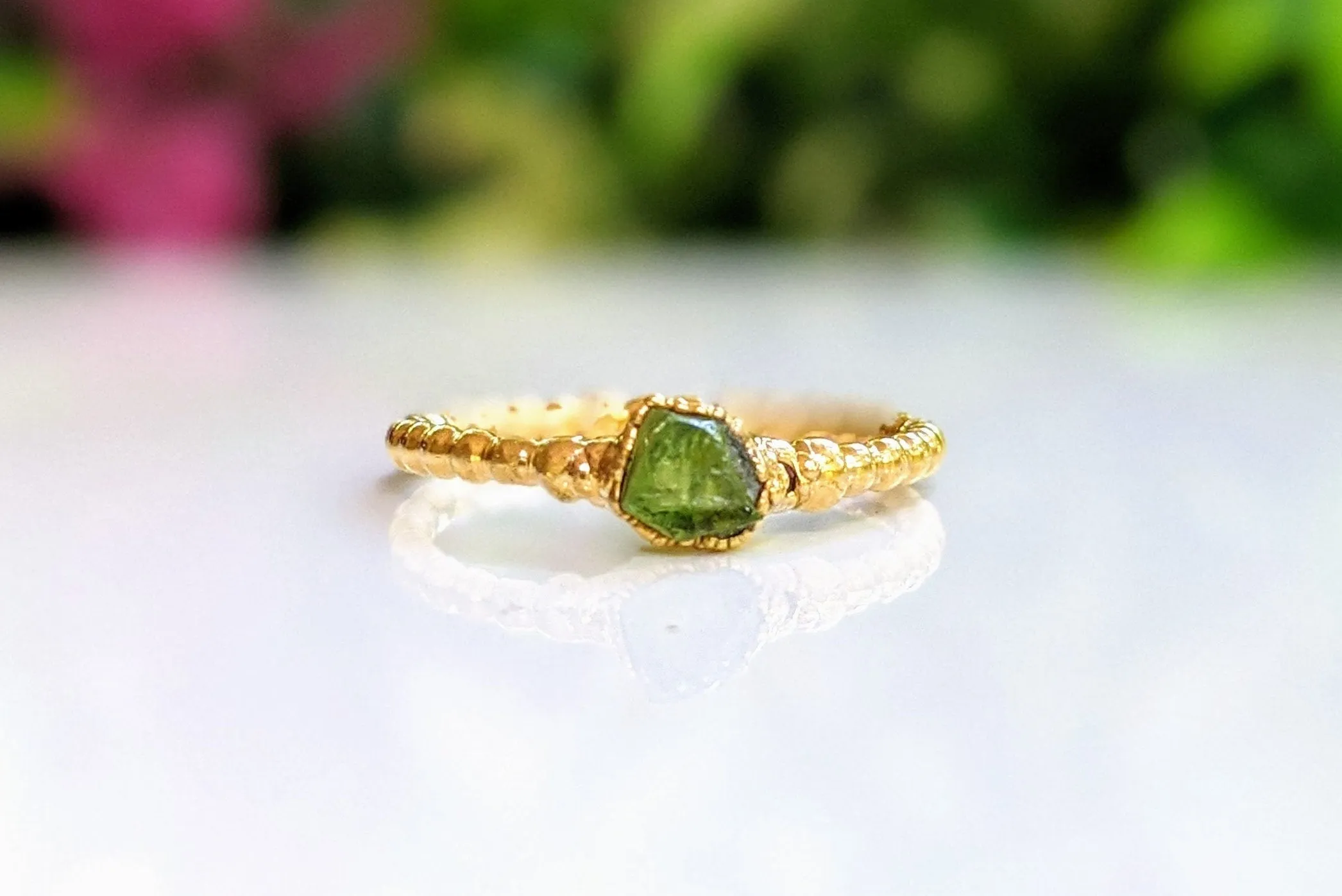 Raw Peridot beaded ring in Gold
