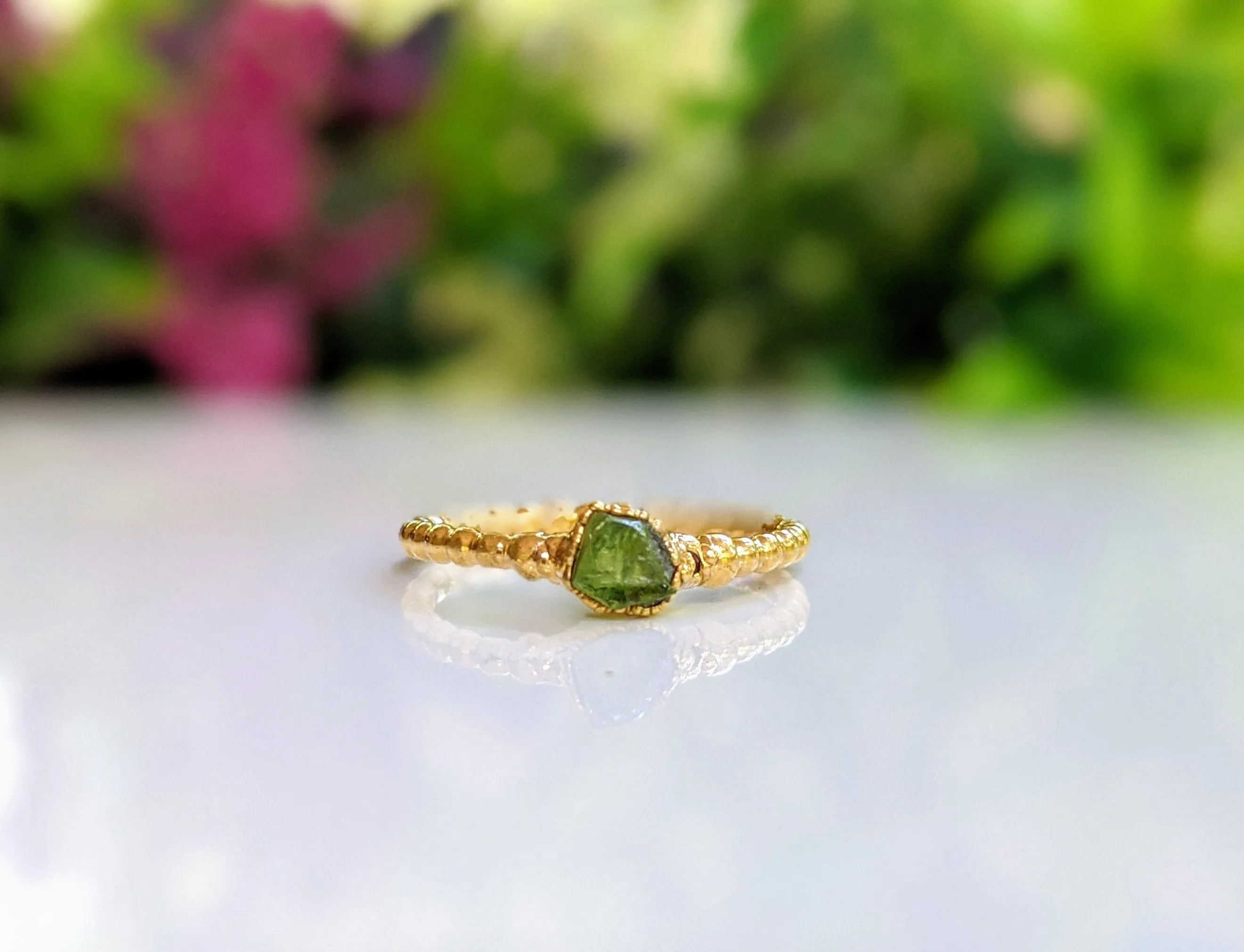 Raw Peridot beaded ring in Gold