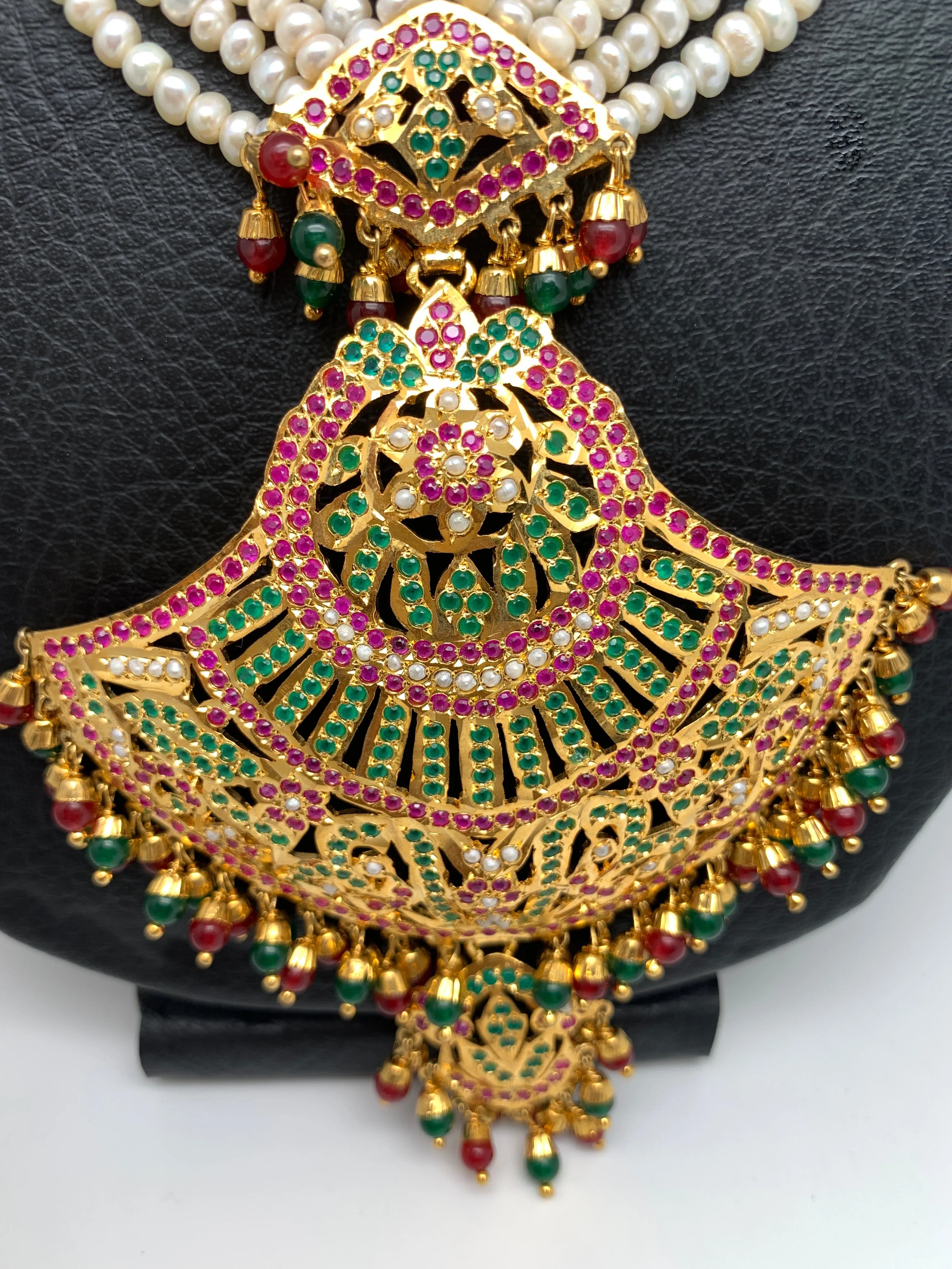 Red Green Stone Pendent Traditional Raani Haar with Real Pearls