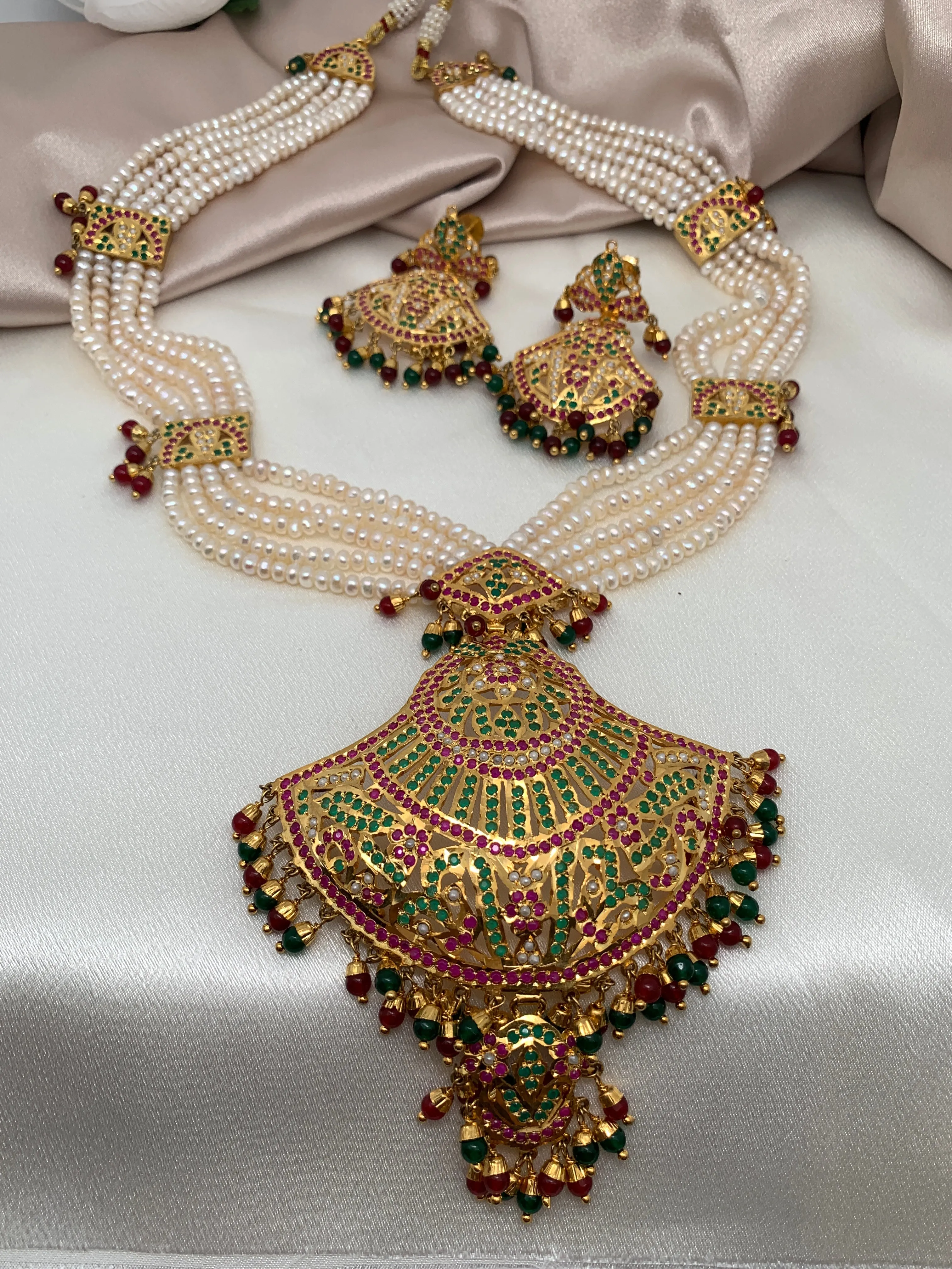 Red Green Stone Pendent Traditional Raani Haar with Real Pearls