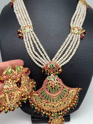 Red Green Stone Pendent Traditional Raani Haar with Real Pearls