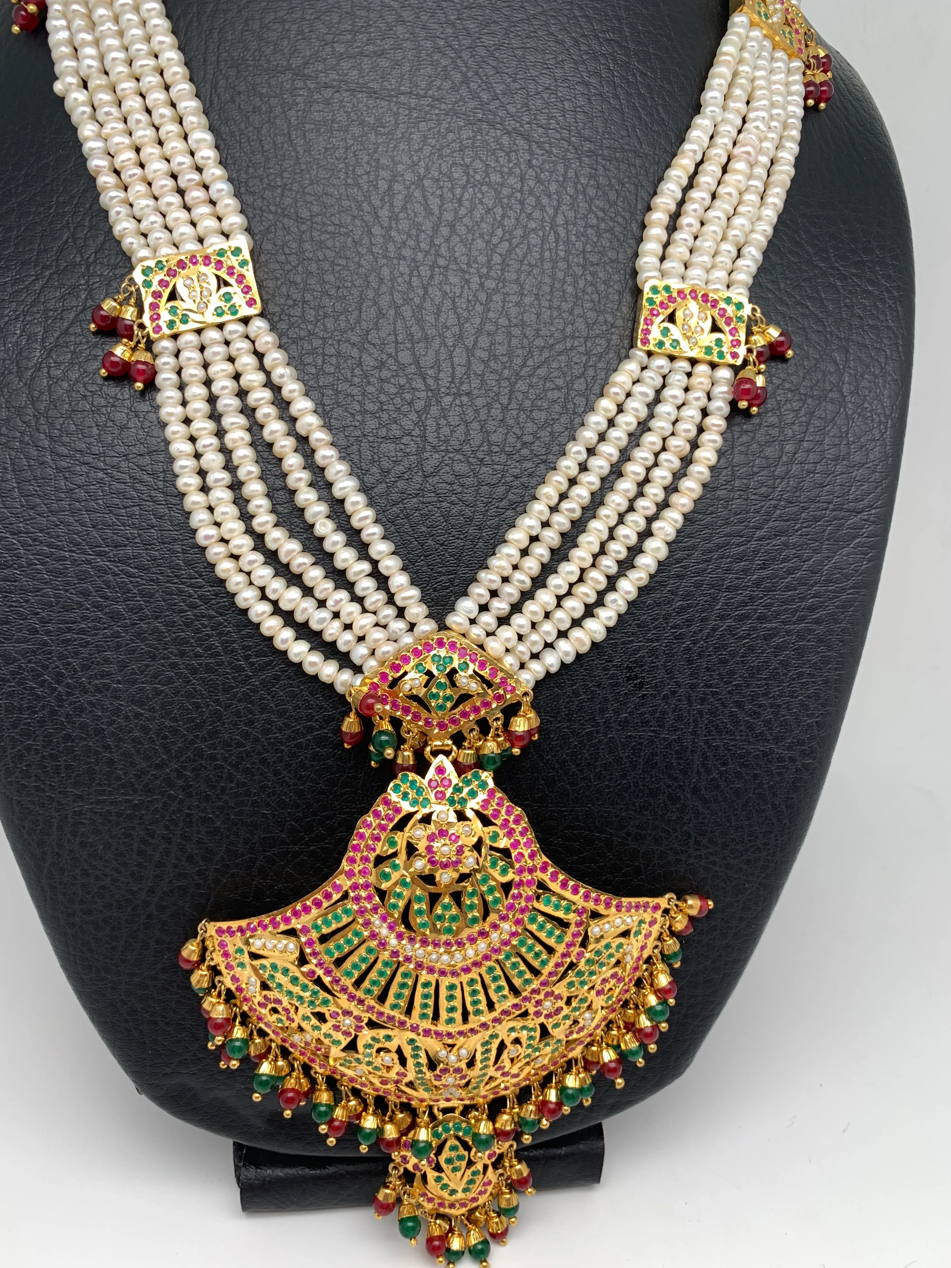 Red Green Stone Pendent Traditional Raani Haar with Real Pearls
