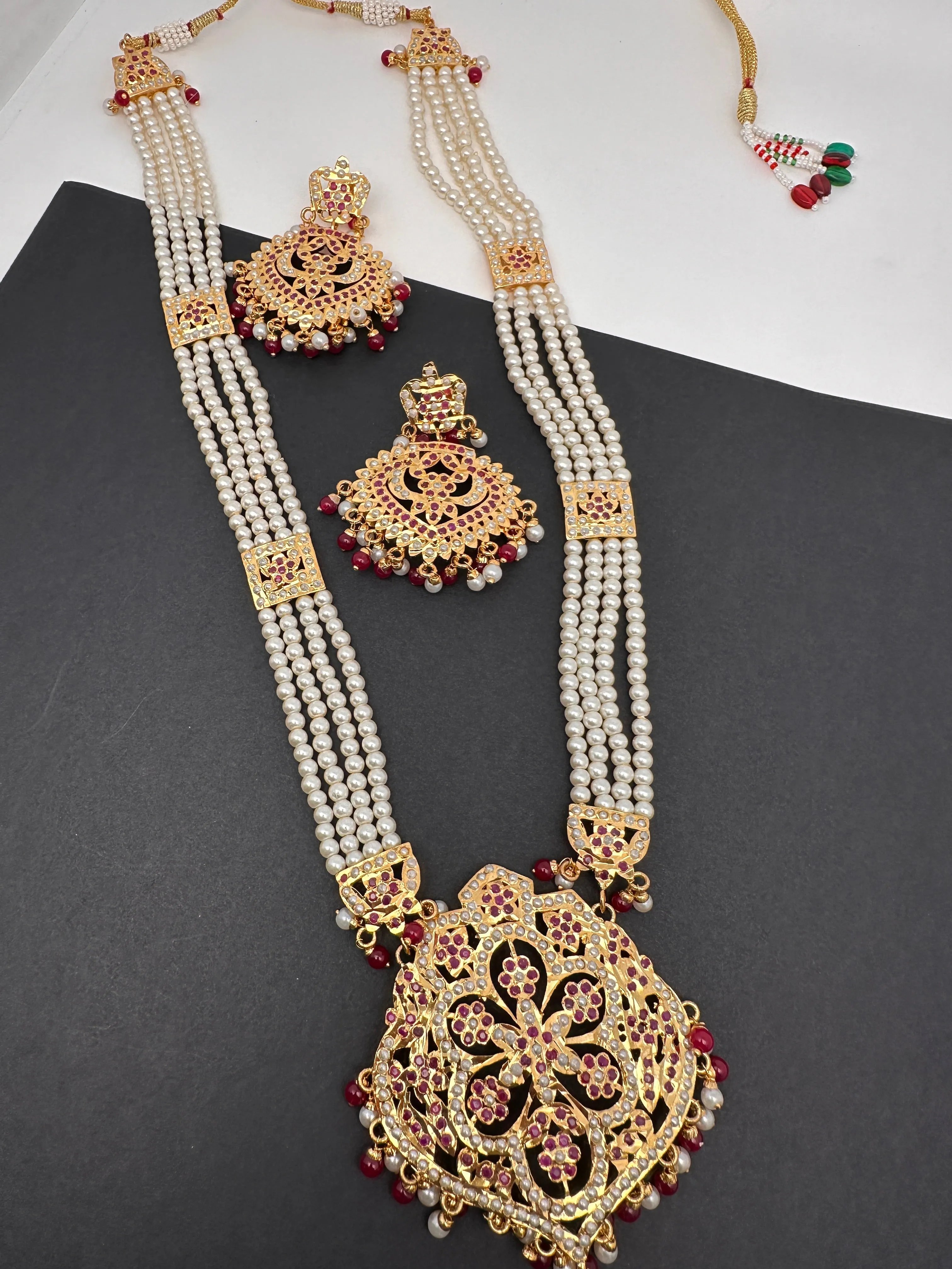 Red Stone Hyderabadi Jadau Pendent Pearl Raani Haar Necklace