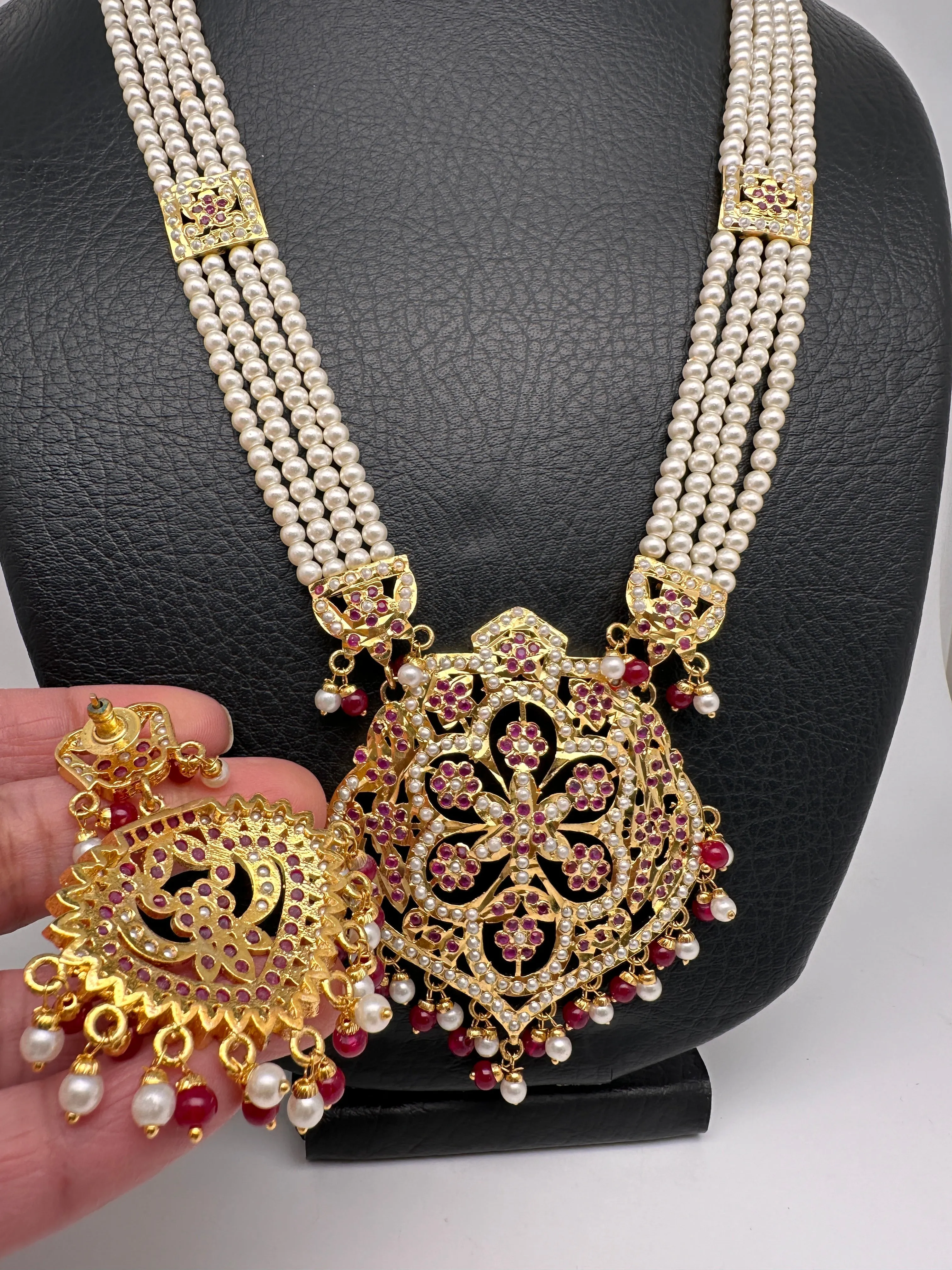 Red Stone Hyderabadi Jadau Pendent Pearl Raani Haar Necklace