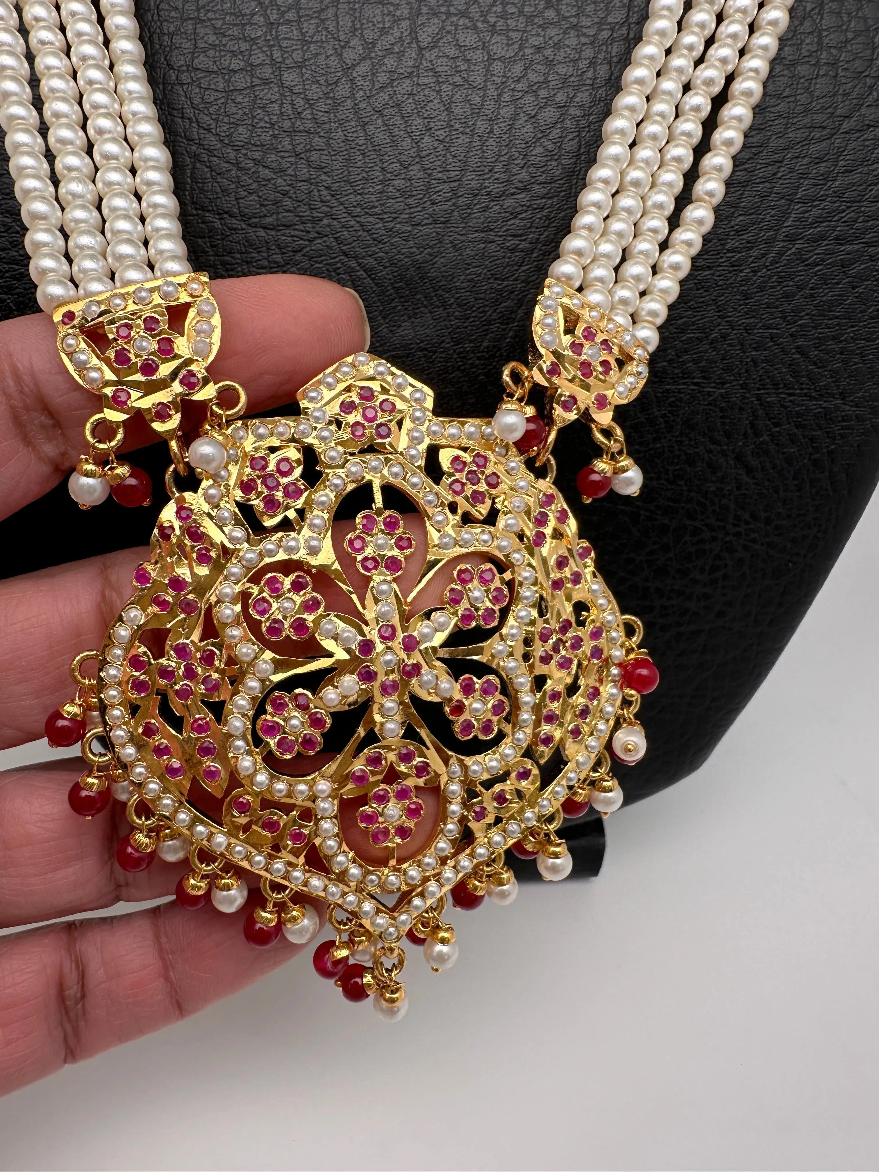 Red Stone Hyderabadi Jadau Pendent Pearl Raani Haar Necklace