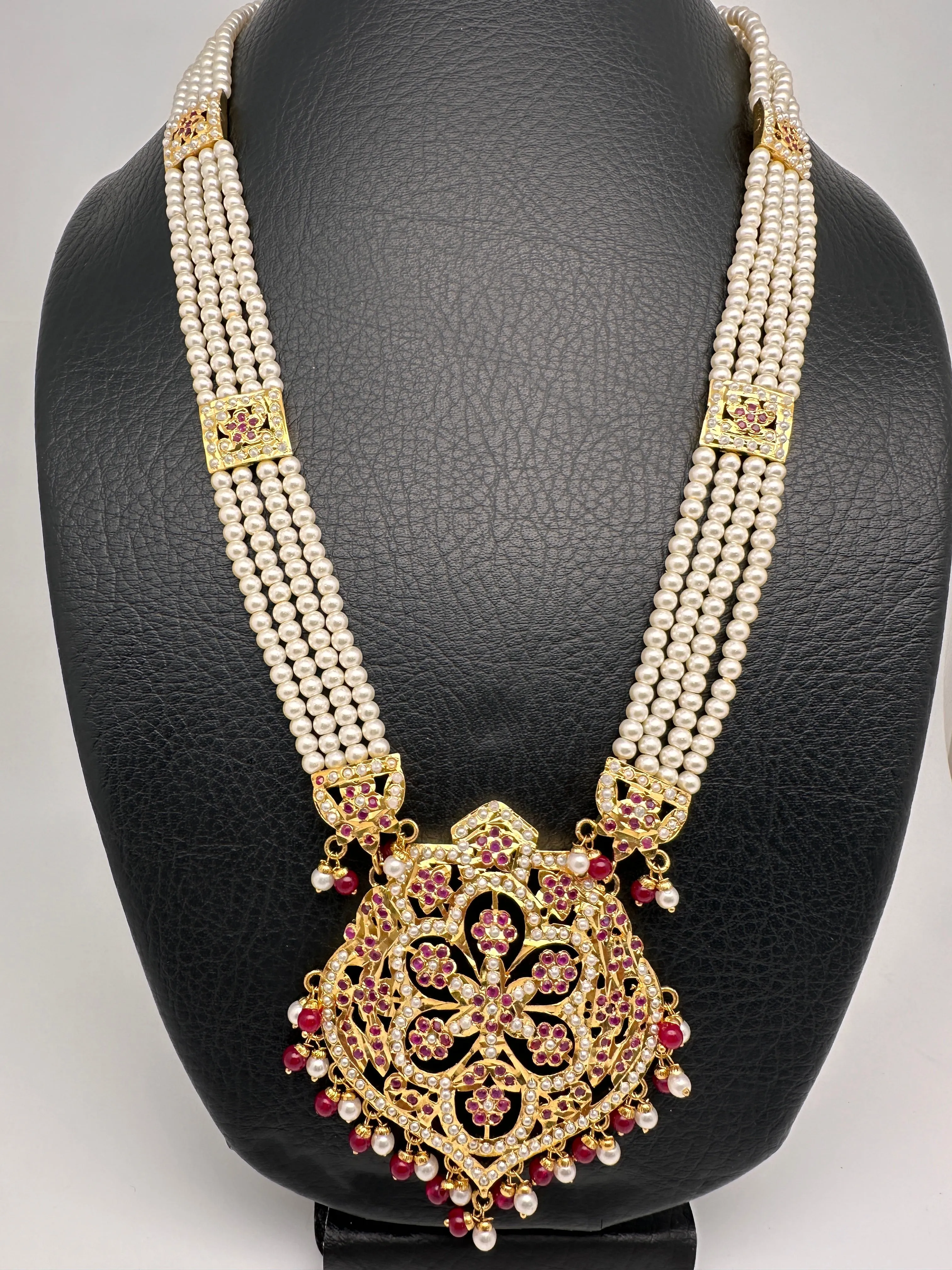 Red Stone Hyderabadi Jadau Pendent Pearl Raani Haar Necklace