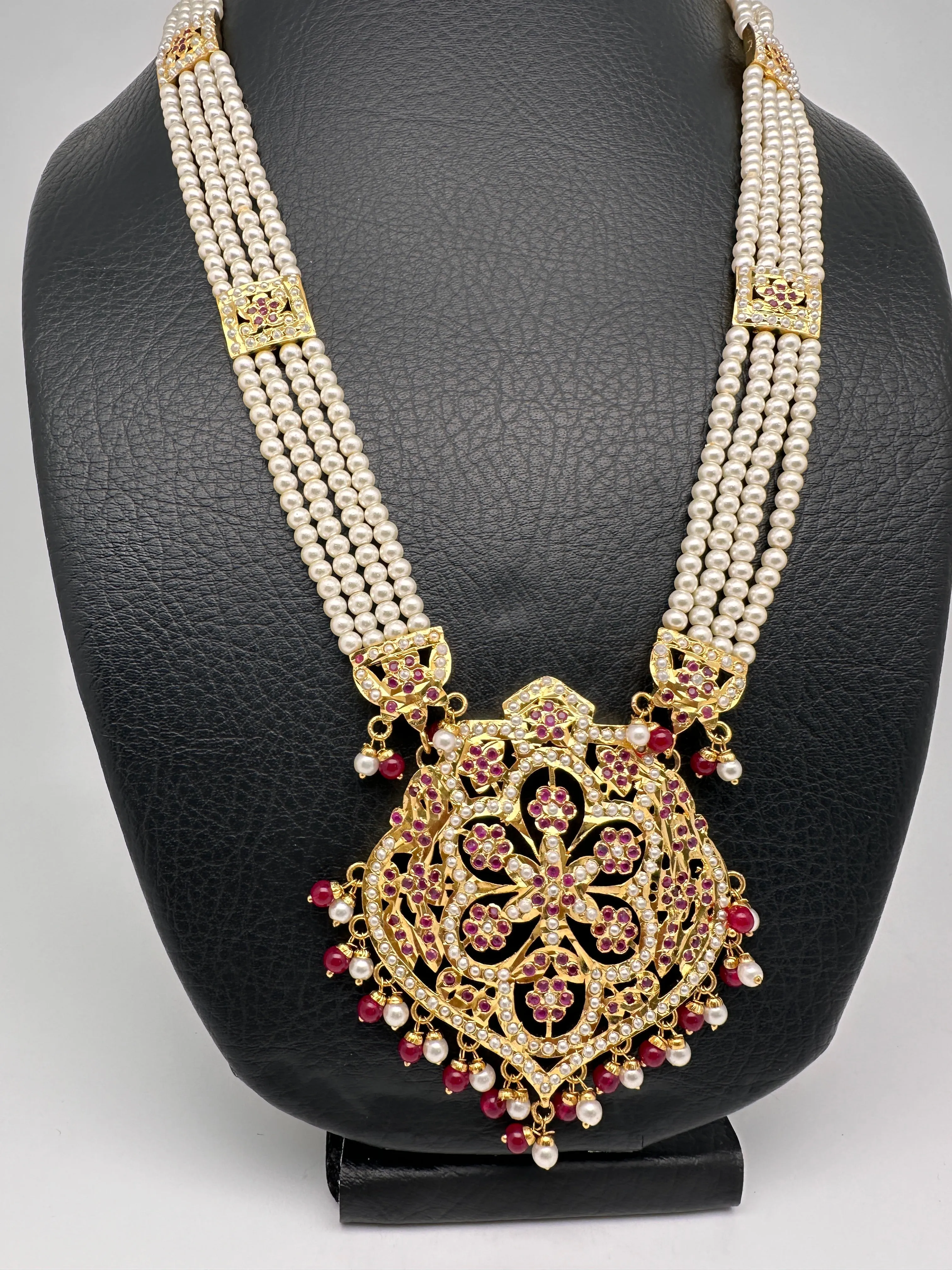 Red Stone Hyderabadi Jadau Pendent Pearl Raani Haar Necklace