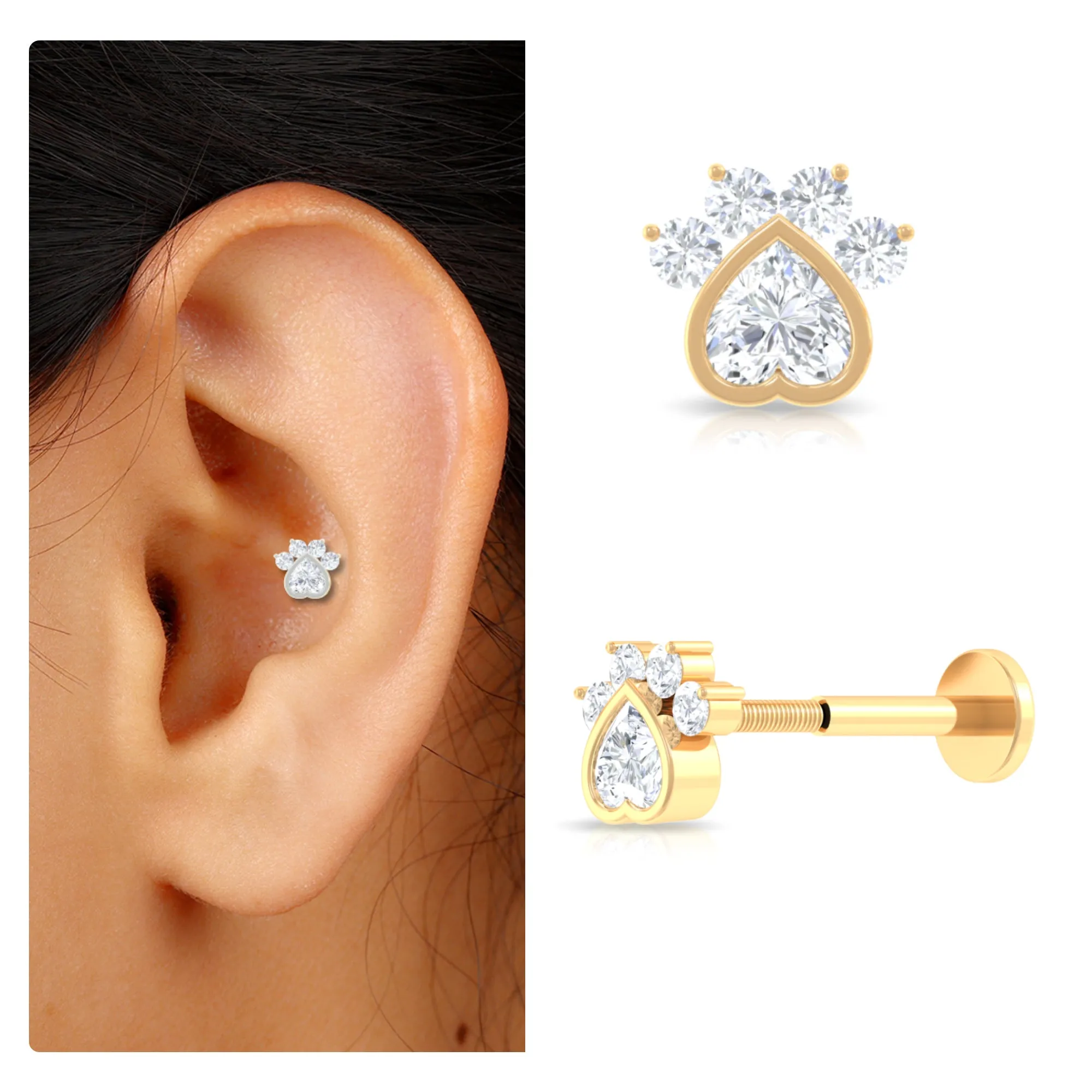 Round and Heart Shape Moissanite Paw Helix Earring
