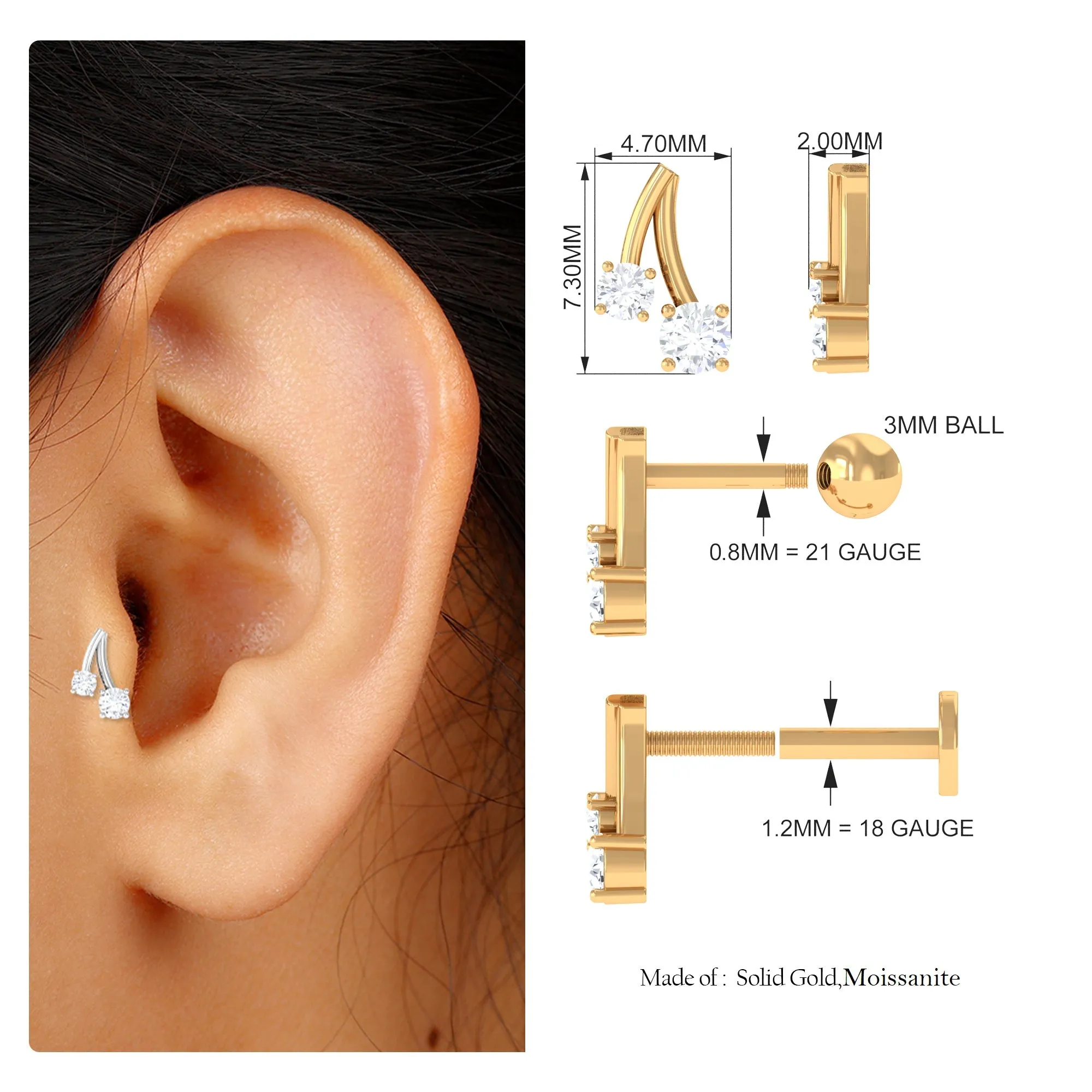 Round Moissanite Cherry Earring for Helix Piercing