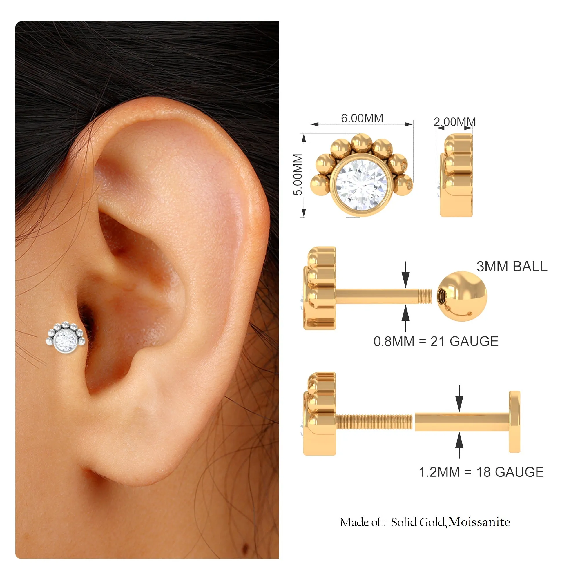 Round Moissanite Tragus Earring in Beaded Bezel Setting