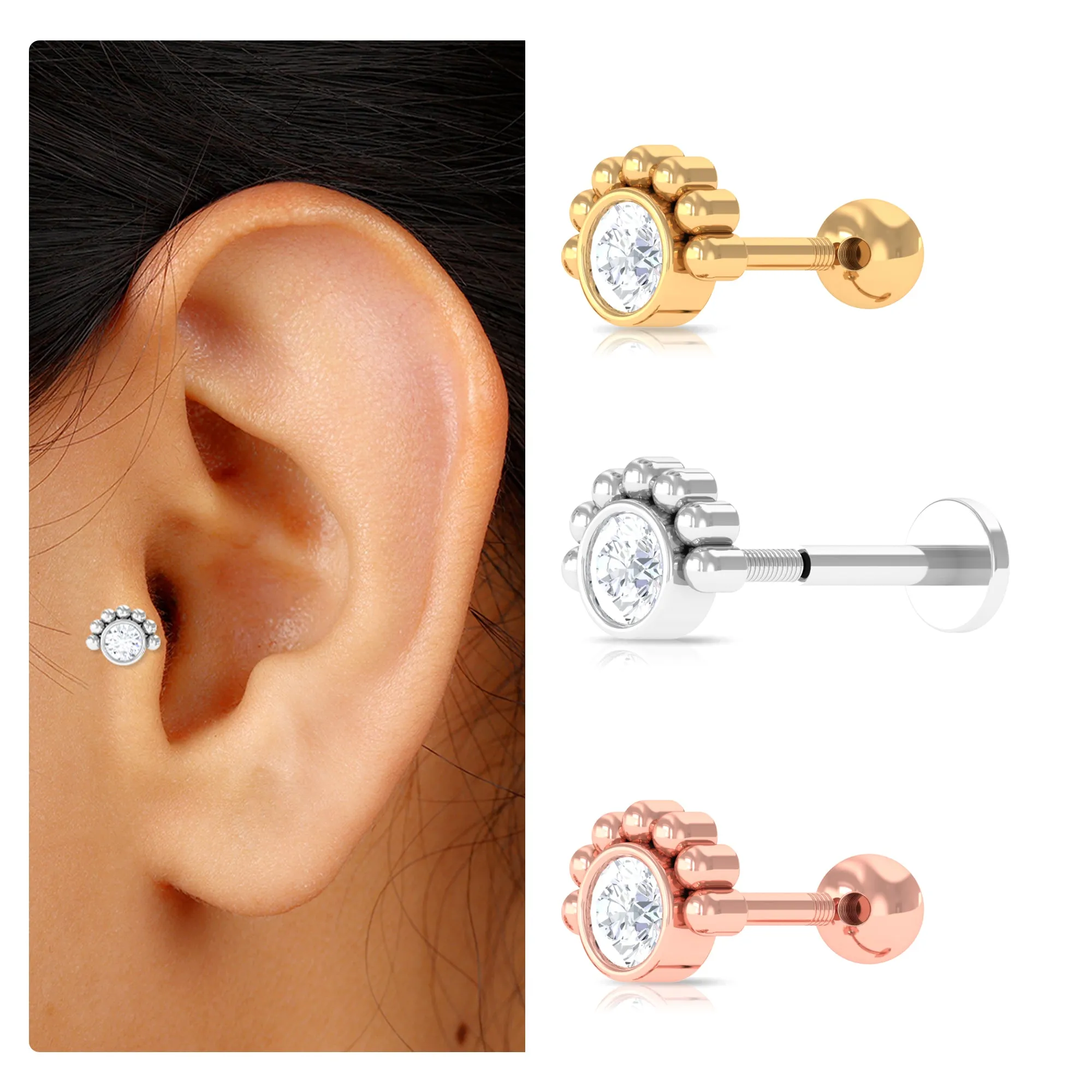 Round Moissanite Tragus Earring in Beaded Bezel Setting