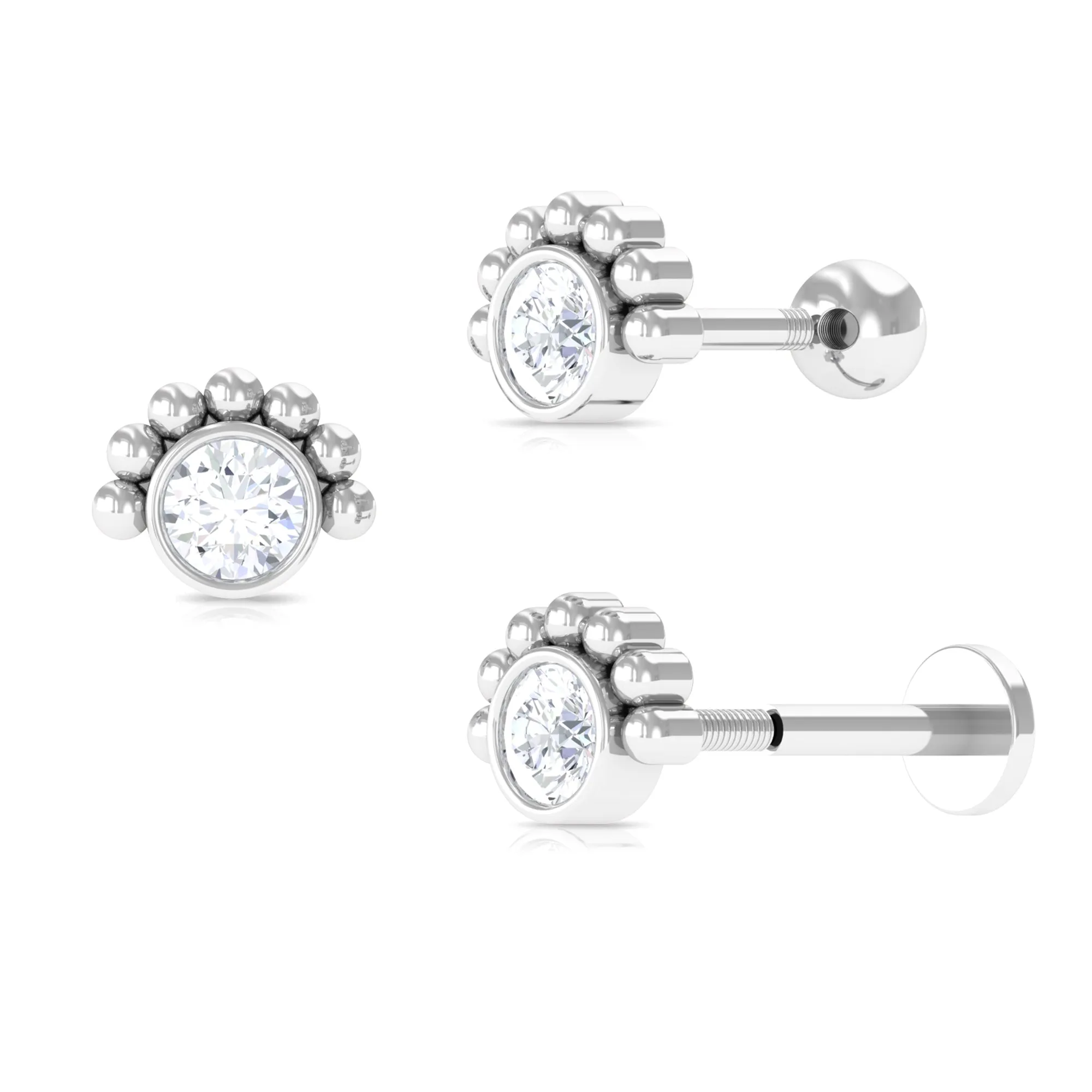 Round Moissanite Tragus Earring in Beaded Bezel Setting