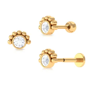 Round Moissanite Tragus Earring in Beaded Bezel Setting
