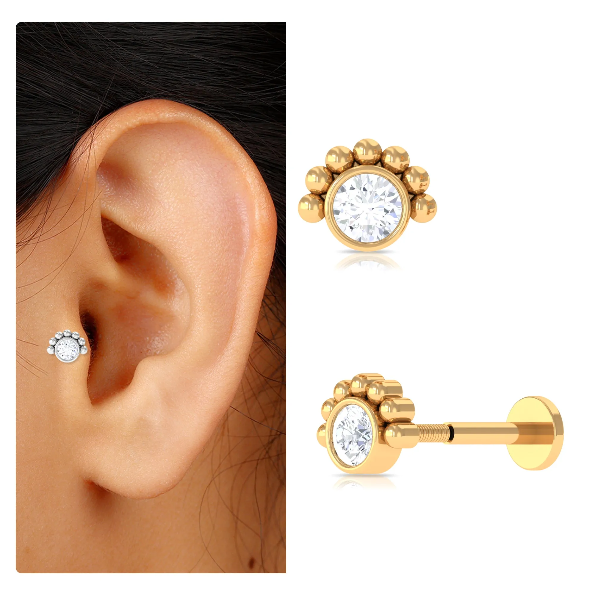 Round Moissanite Tragus Earring in Beaded Bezel Setting