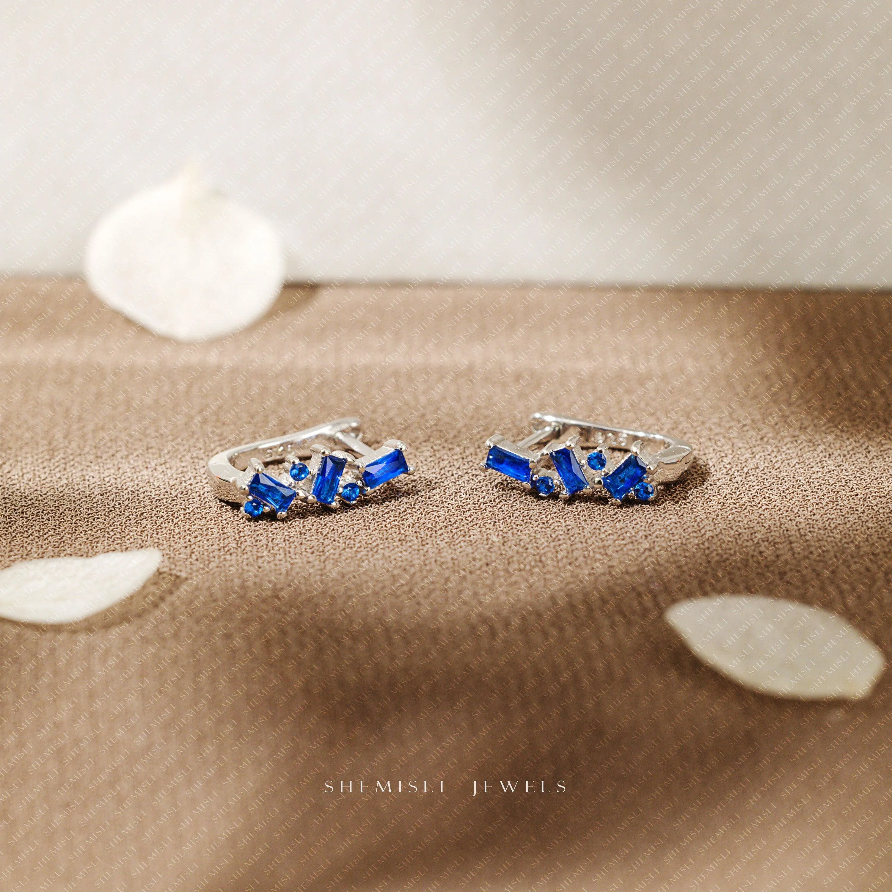 Sapphire Baguette Abstract CZ Hoops, Gold, Silver SHEMISLI SH351 LR