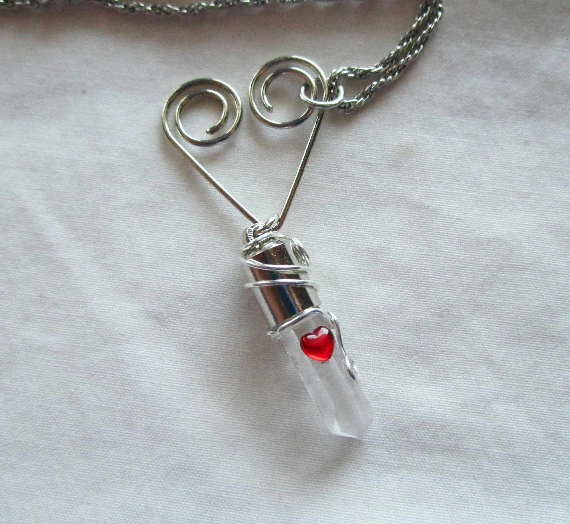Silver Heart Natural Quartz Crystal Pendant Necklace
