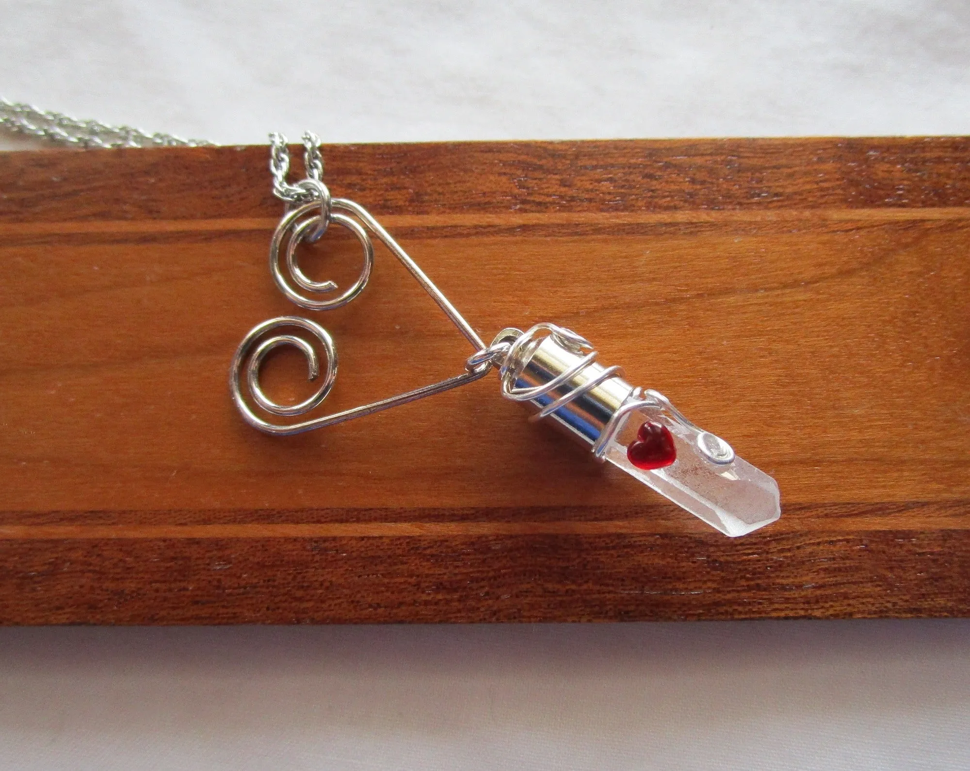 Silver Heart Natural Quartz Crystal Pendant Necklace