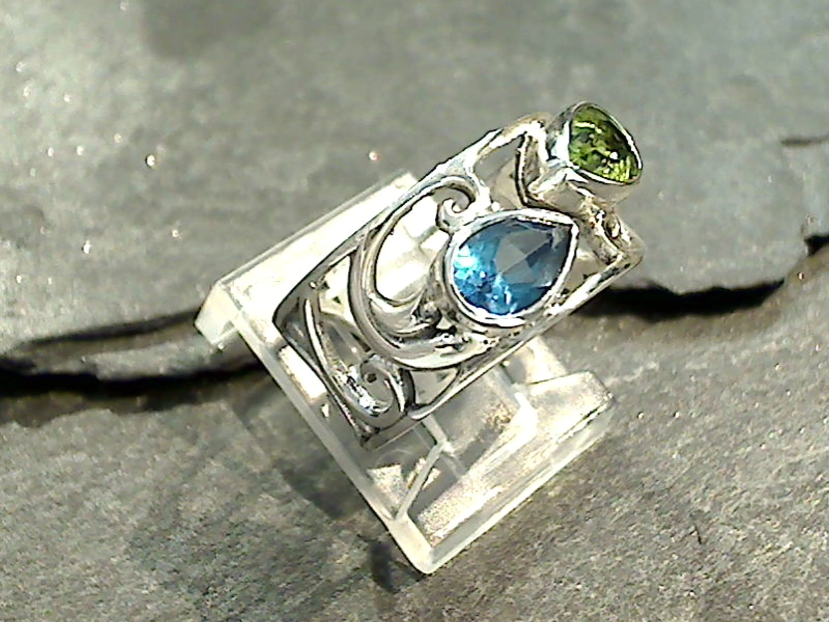 Size 6 Blue Topaz, Peridot, Sterling Silver Ring