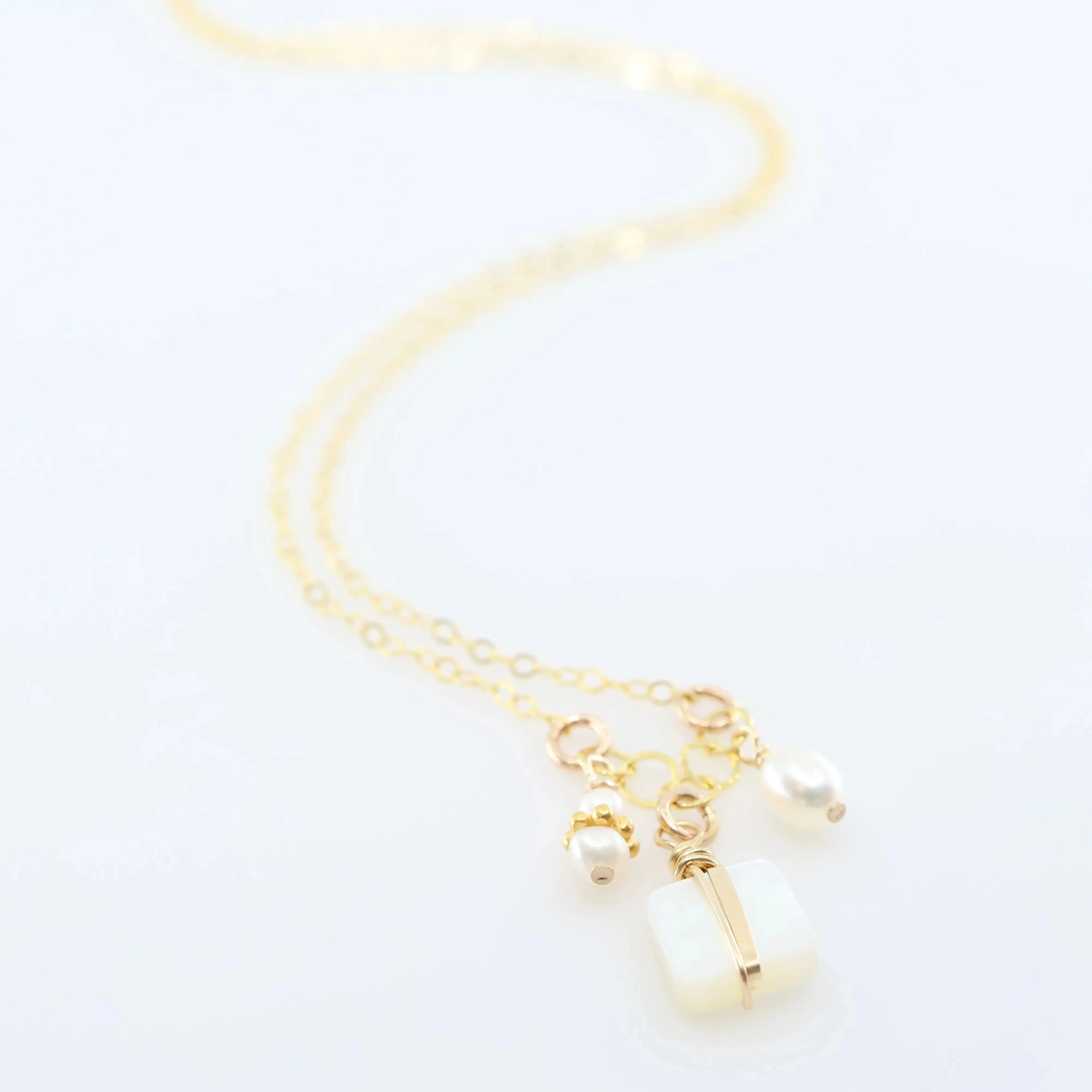 Small Gemstone Cascade Necklace with Square Cut Mother of Pearl