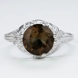 SMOKY QUARTZ STERLING SILVER RING VINTAGE STYLE SOLITAIRE FILIGREE ROUND CUT