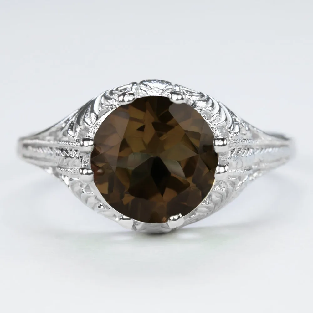 SMOKY QUARTZ STERLING SILVER RING VINTAGE STYLE SOLITAIRE FILIGREE ROUND CUT