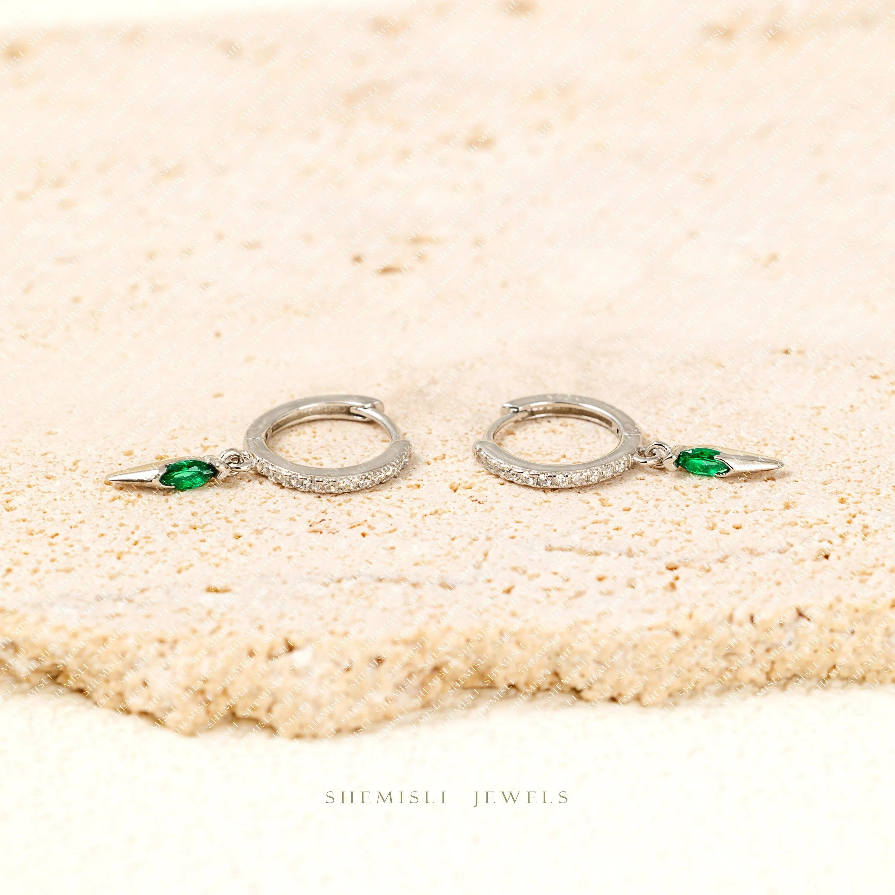 Spike Emerald CZ Hoop Earrings, Gold, Silver SHEMISLI SH372