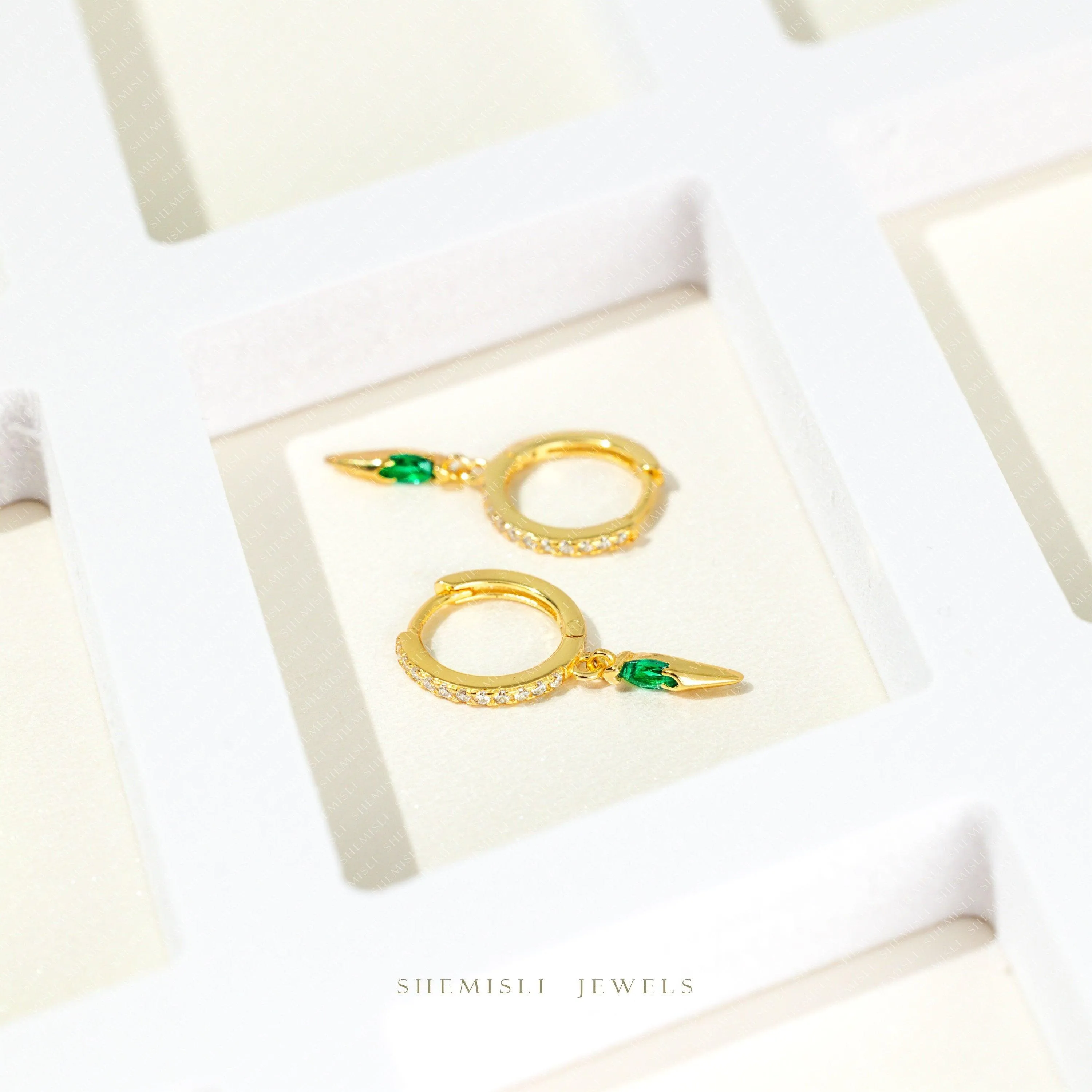 Spike Emerald CZ Hoop Earrings, Gold, Silver SHEMISLI SH372