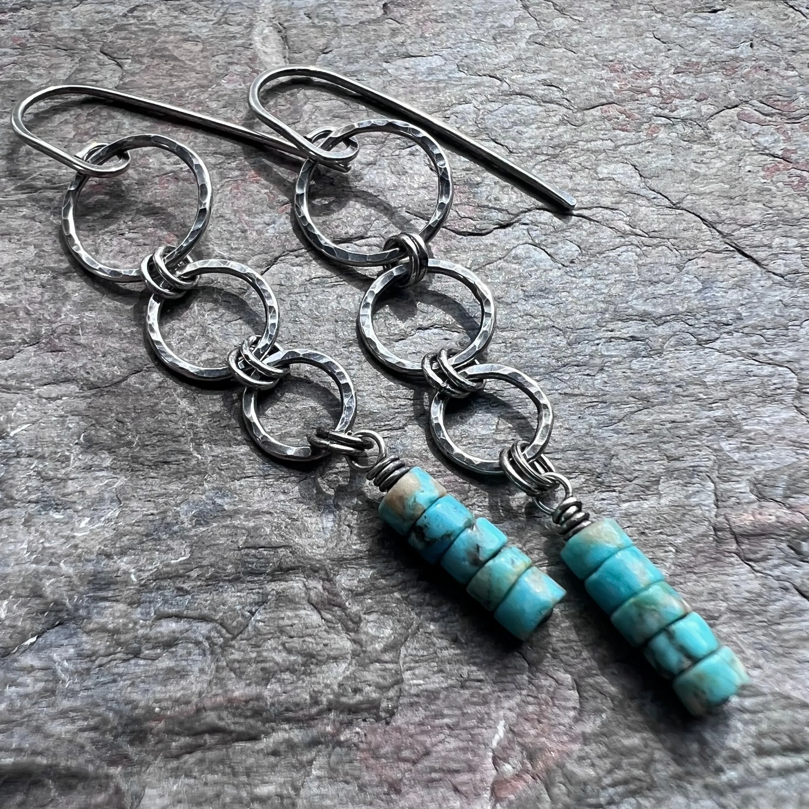 Sterling Silver Turquoise Earrings | Genuine Turquoise on Hammered Silver Ring Long Dangle Earrings Handmade Jewelry Gift for Her