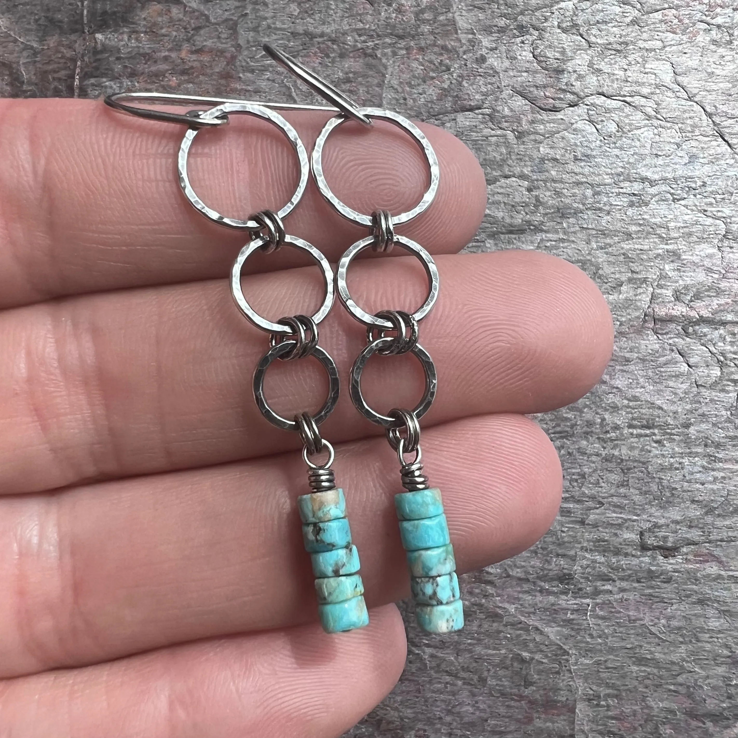 Sterling Silver Turquoise Earrings | Genuine Turquoise on Hammered Silver Ring Long Dangle Earrings Handmade Jewelry Gift for Her
